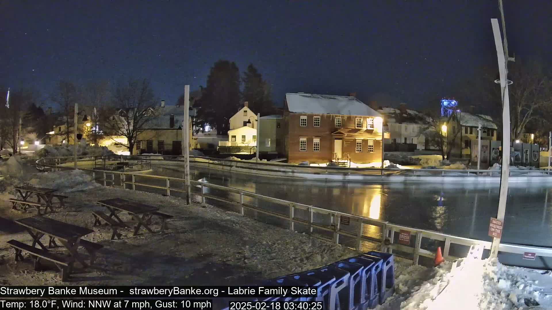 A nighttime view of an outdoor ice rink surrounded by historic buildings under a clear, dark sky.