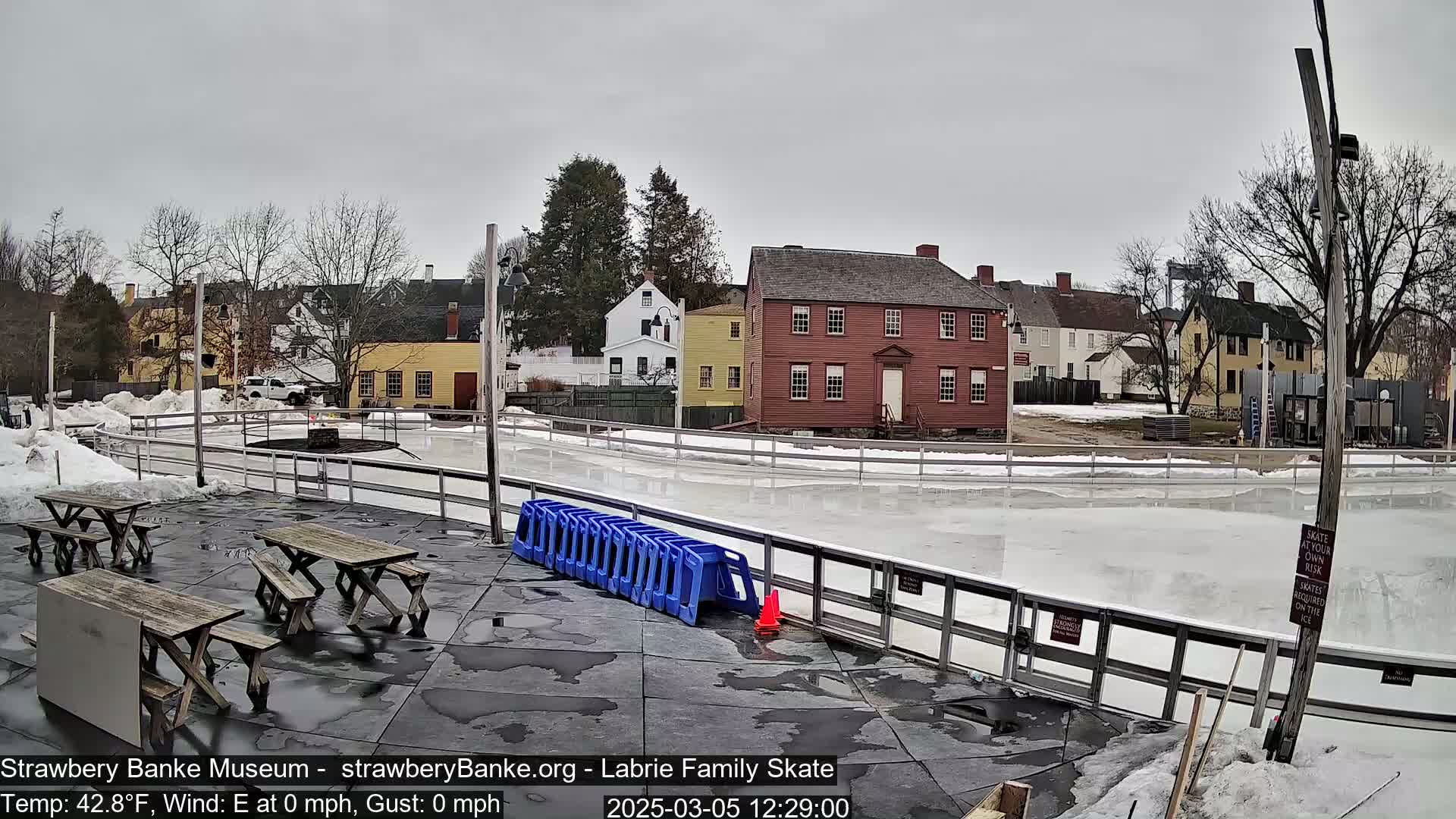 An outdoor ice rink, surrounded by historical-looking buildings and picnic tables, is visible under a cloudy sky.