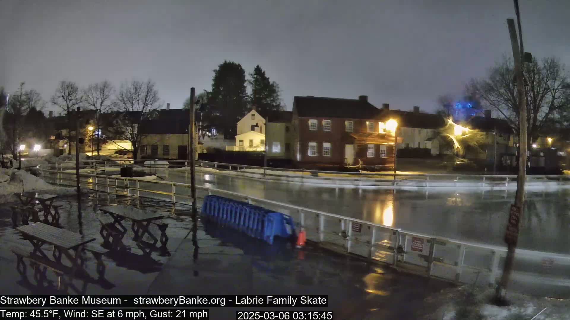 A wet, nighttime scene shows an outdoor skating rink surrounded by buildings under a gray sky with a southeast wind.