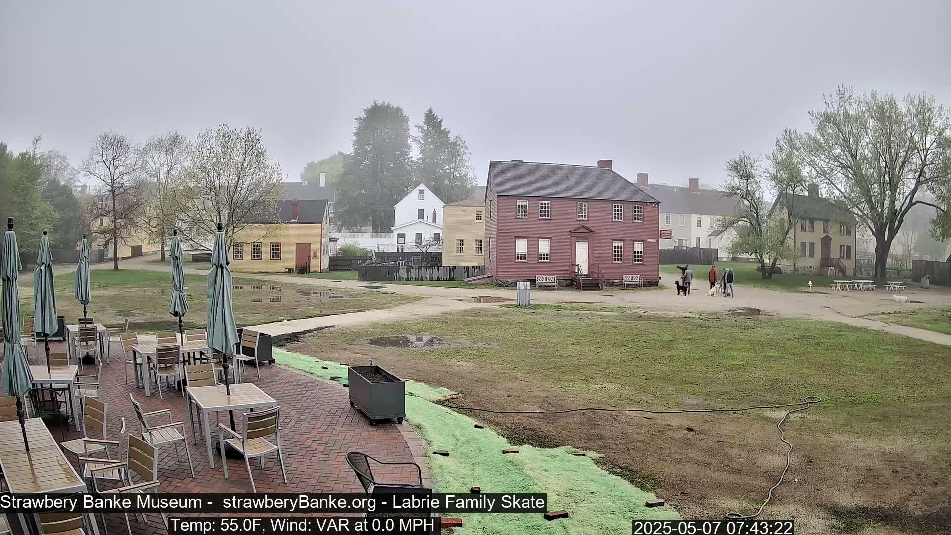 A misty outdoor scene shows several colonial-style buildings, a grassy area with people and dogs, and a patio with tables and chairs under umbrellas.