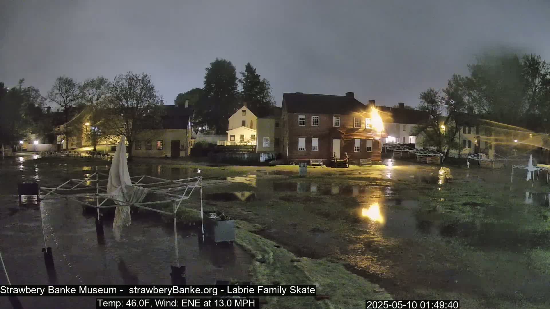 A flooded, nighttime outdoor area with several buildings, trees, and partially submerged outdoor structures under a dark, overcast sky.