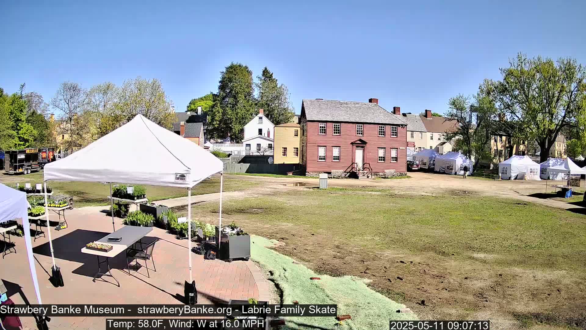 A sunny outdoor market scene with several white tents, displaying plants, situated in front of historic buildings under a clear sky with a west wind of 16 mph.