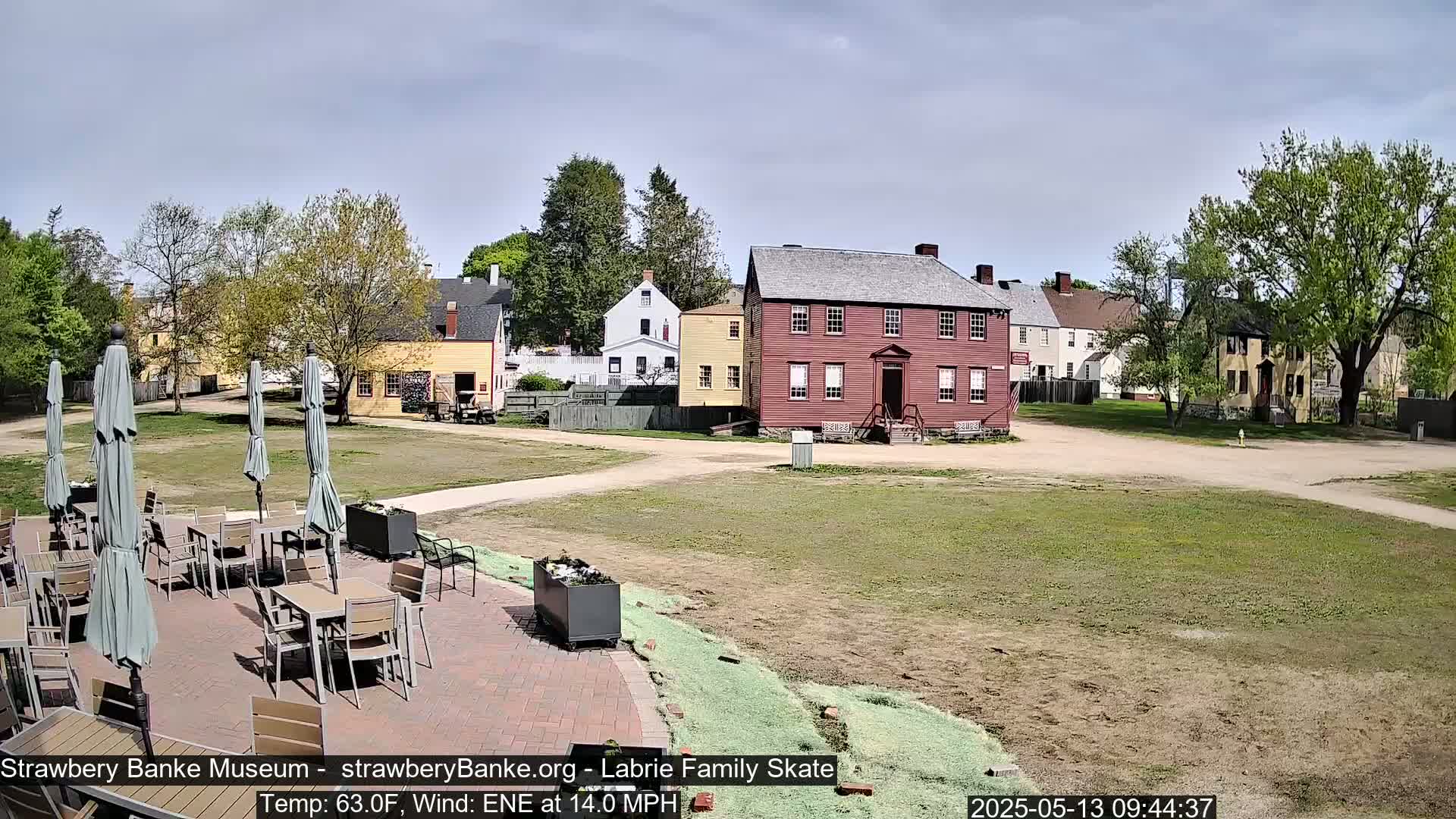 A patio with tables and umbrellas sits in front of a collection of historic-looking buildings on a sunny day with a 14 mph wind.