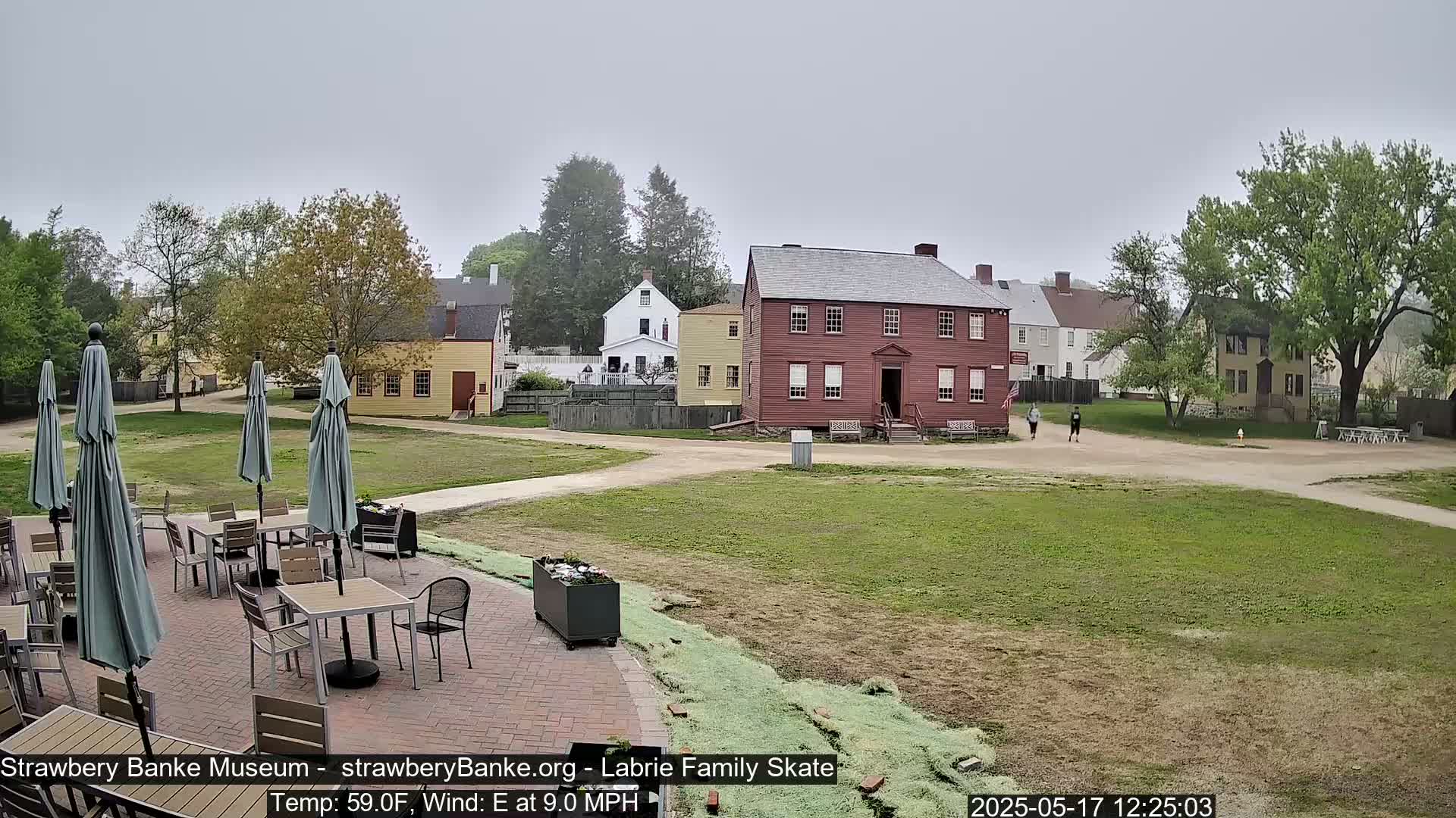 A patio with several tables and umbrellas sits in front of a collection of historic-looking buildings on a partly cloudy day with an east wind.