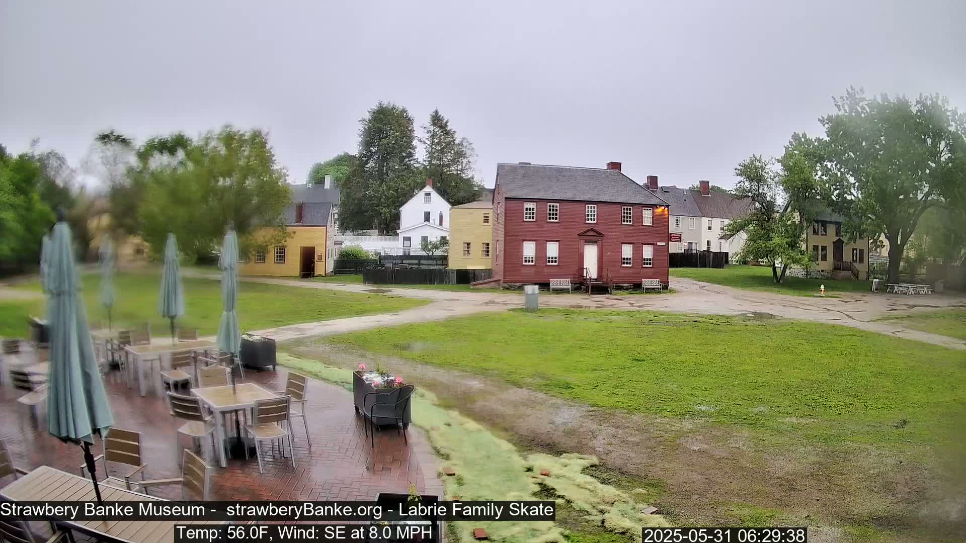 An outdoor patio with tables and umbrellas sits in front of several historic-looking buildings on a grassy area under an overcast sky, with a light southeast wind.