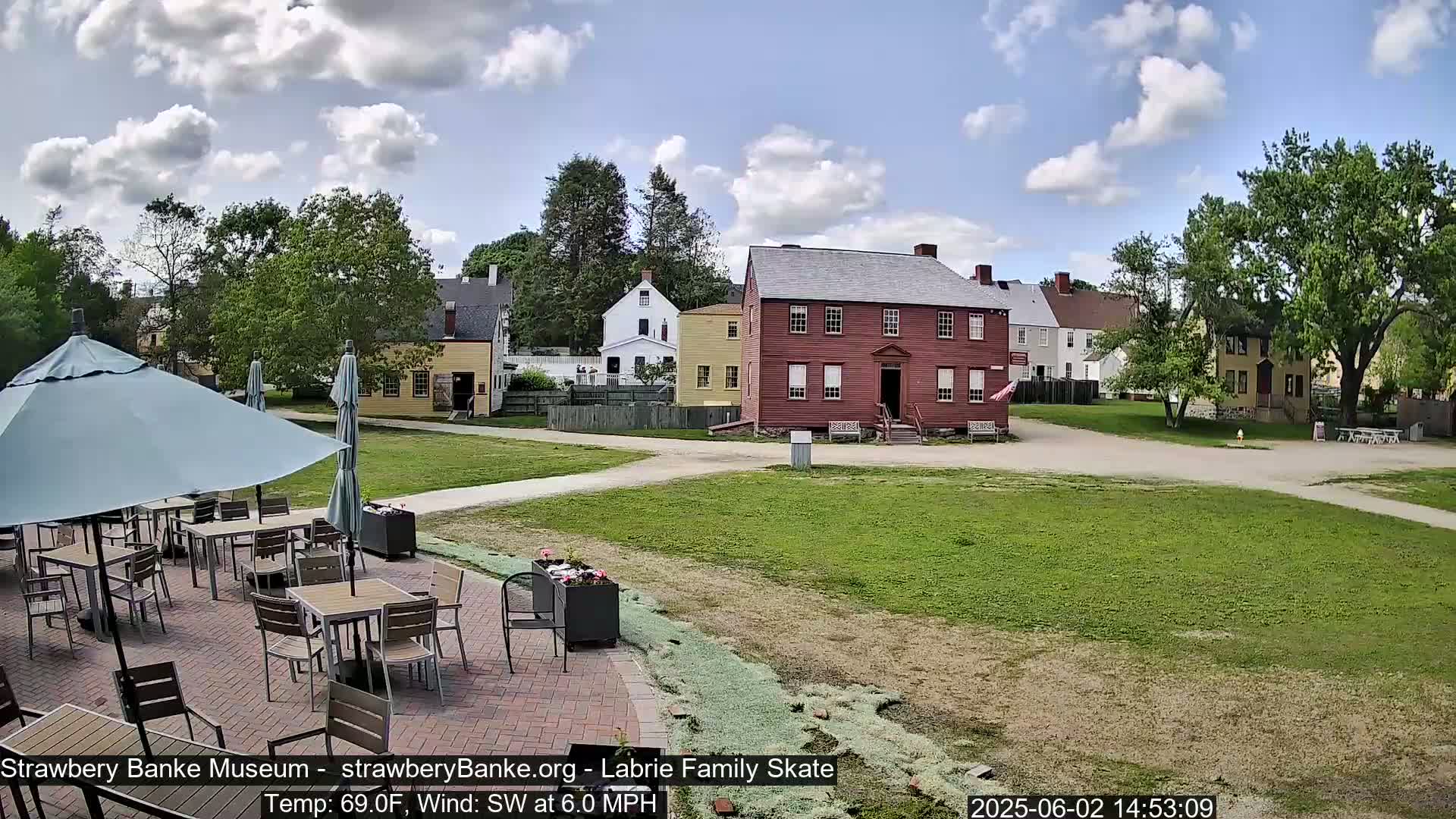 A patio with tables and umbrellas sits in front of a collection of historic buildings on a partly cloudy day.