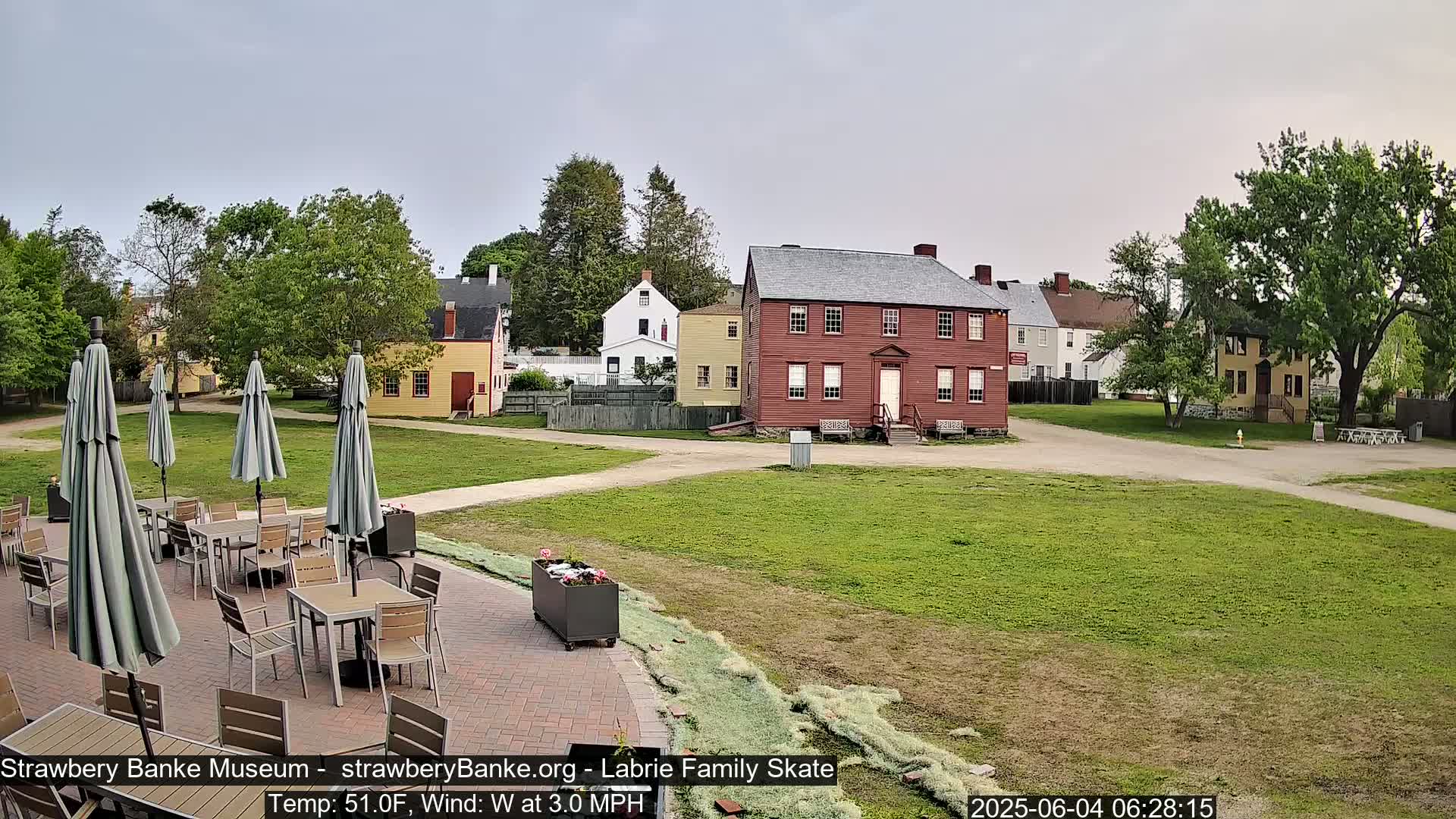 An outdoor patio with tables and umbrellas overlooks a grassy area and a collection of historic-looking buildings on a partly cloudy day with a light westerly wind.