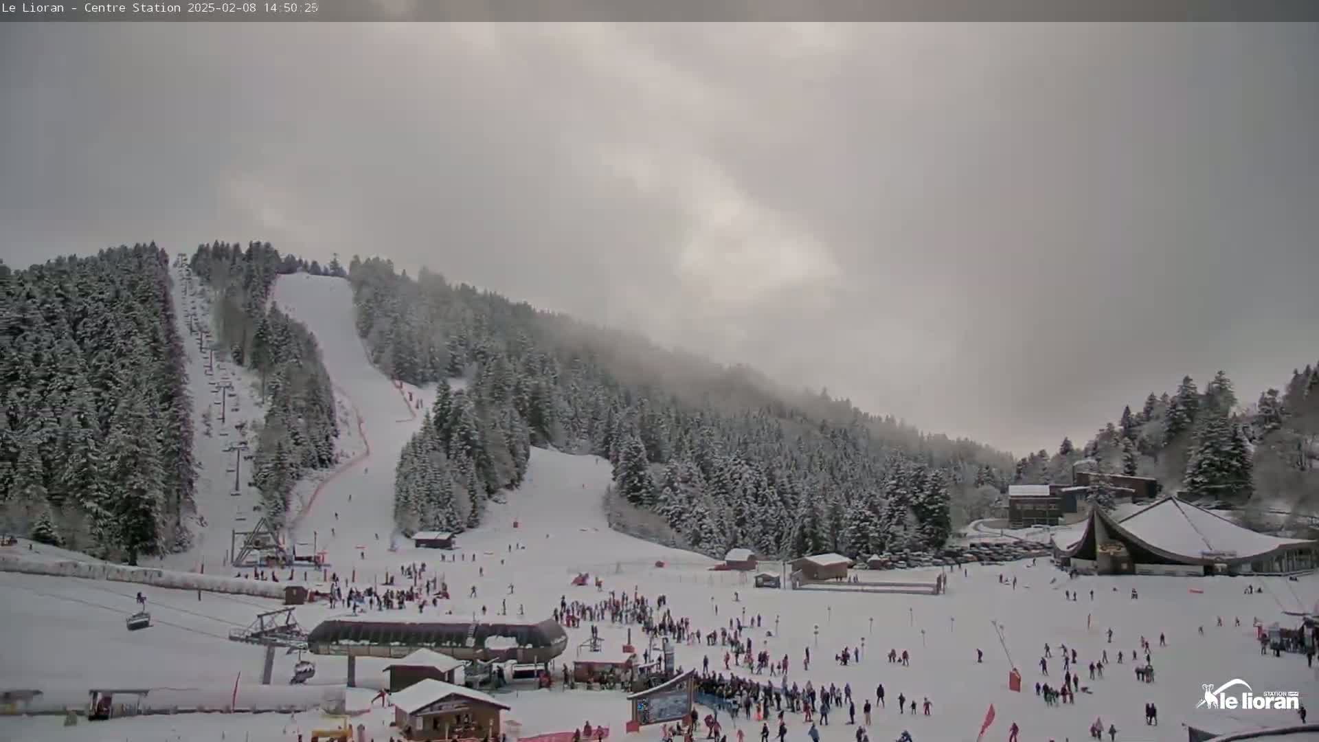 A snow-covered ski resort with many skiers and snowboarders on the slopes under an overcast sky.