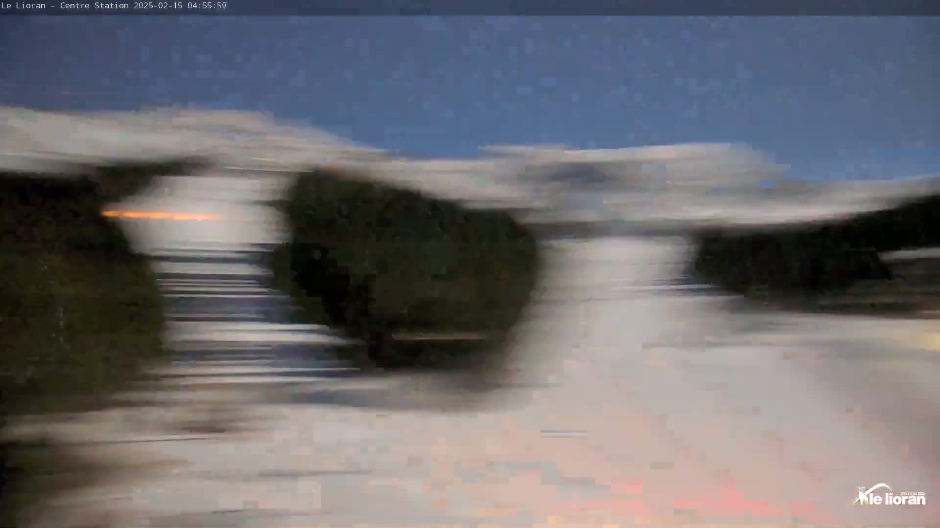 A blurry image shows a fast-moving vehicle passing dark trees and a light-colored area under a clear blue sky.