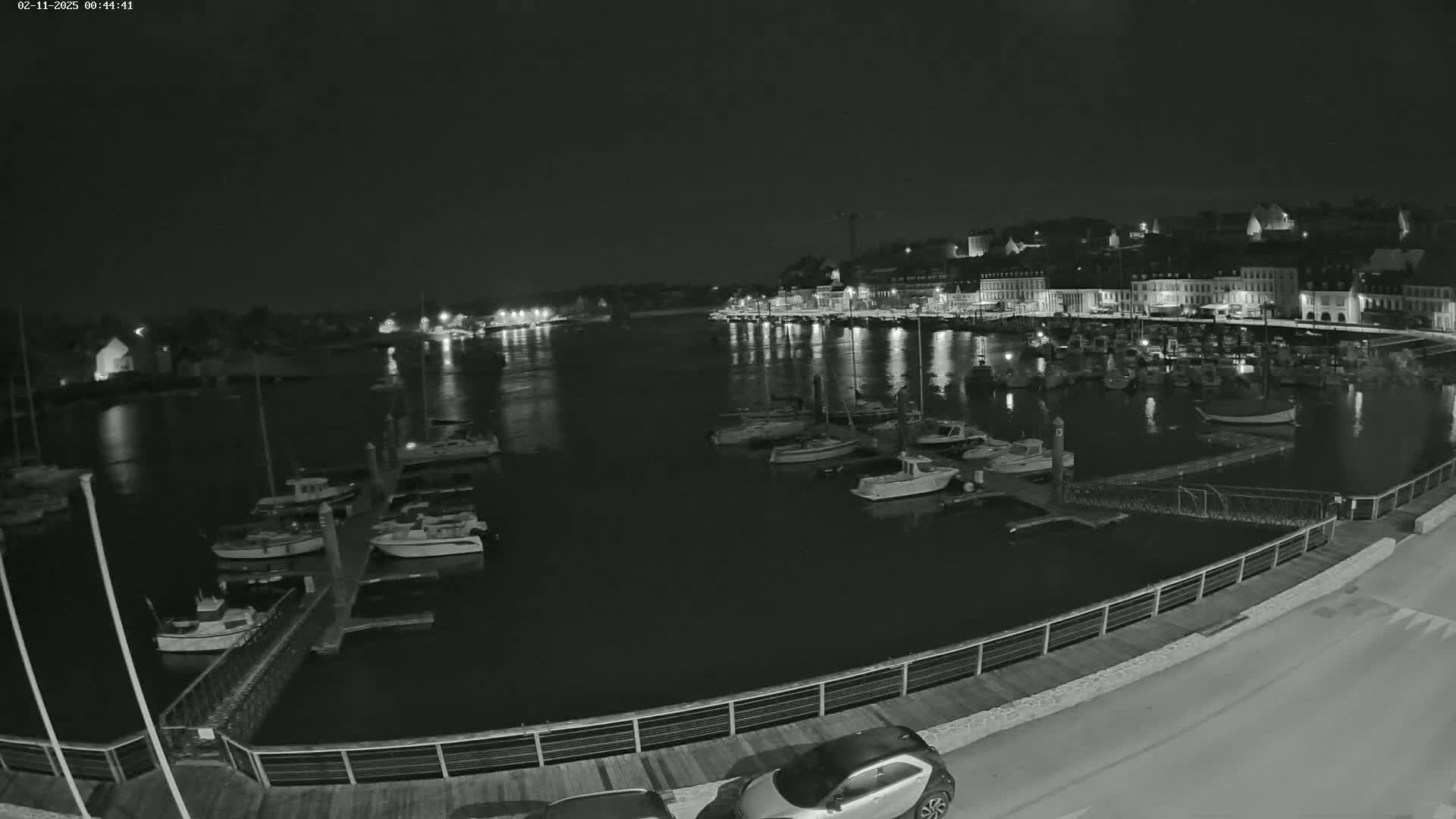A nighttime view of a harbor filled with boats, alongside a waterfront town illuminated with lights under a clear, dark sky.