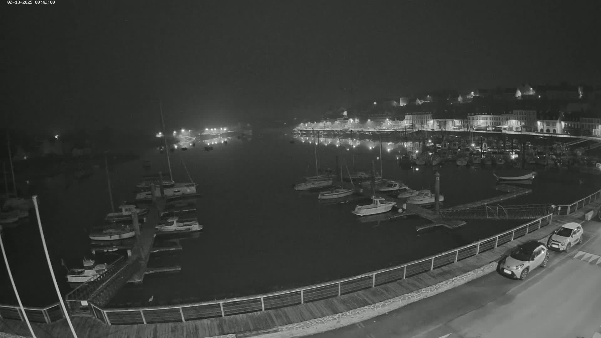 A nighttime harbor scene shows numerous boats docked at a waterfront town under a dark, foggy sky.