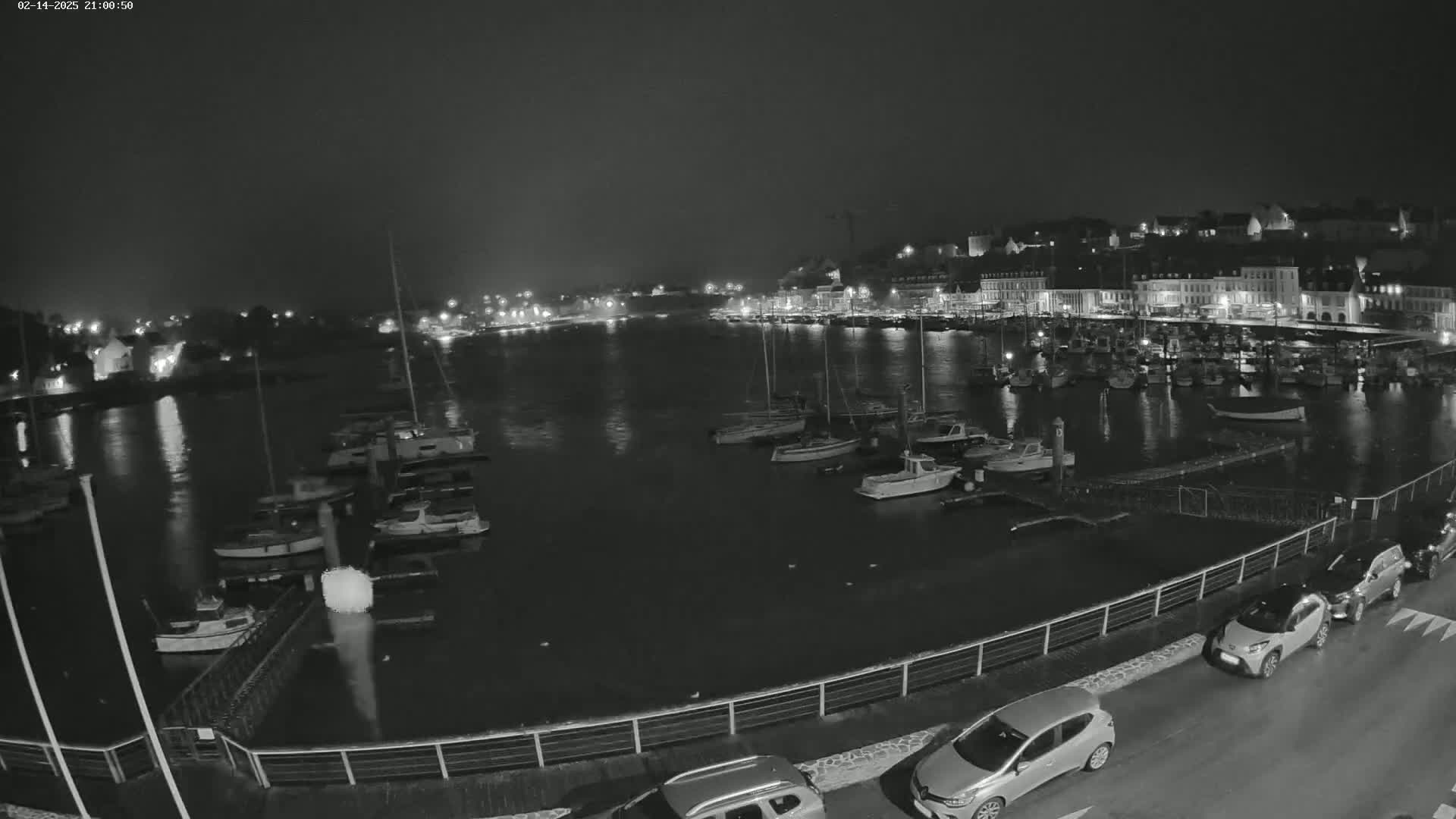 A nighttime harbor scene shows numerous boats moored in calm water, with a town's lights reflecting on the water's surface and cars parked along a waterfront road.