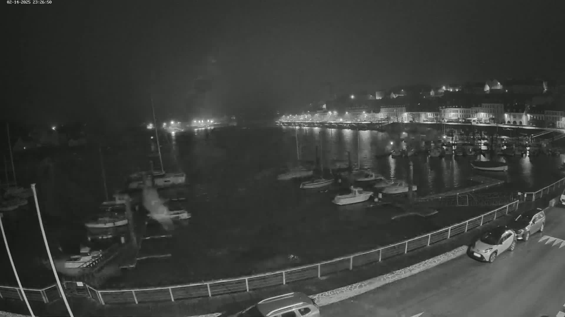 A nighttime view of a harbor filled with boats, alongside a town with lights visible across the water under a dark, possibly overcast sky.
