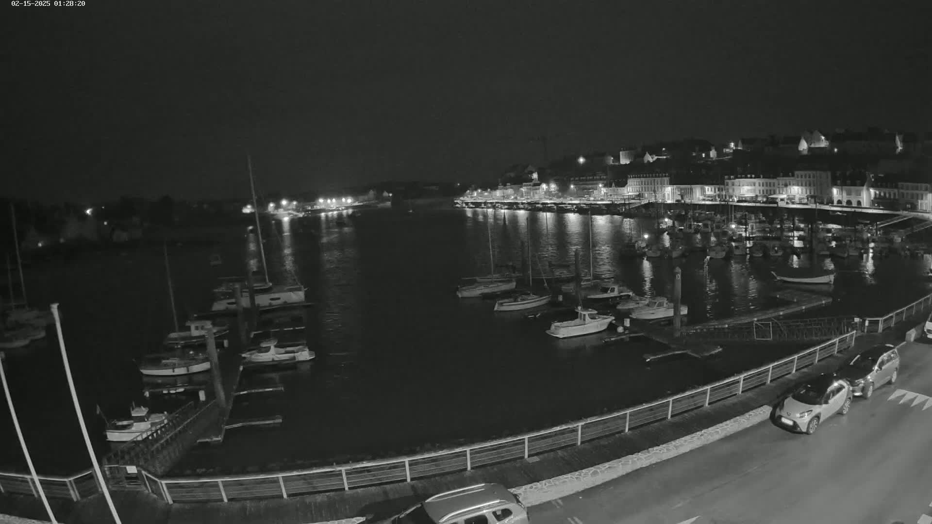 A nighttime, black-and-white view of a harbor filled with docked boats, overlooked by a town with lights on, under a dark sky.