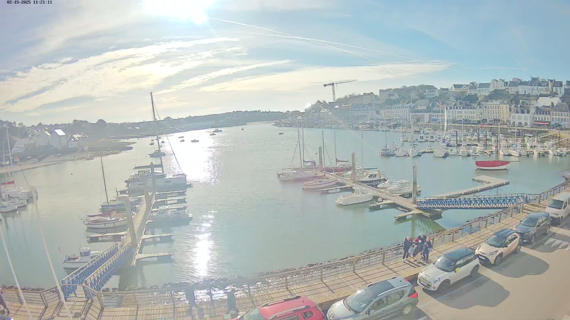 A sunny day at a harbor shows numerous boats docked at piers, with several cars parked along a nearby walkway, and a town in the background.