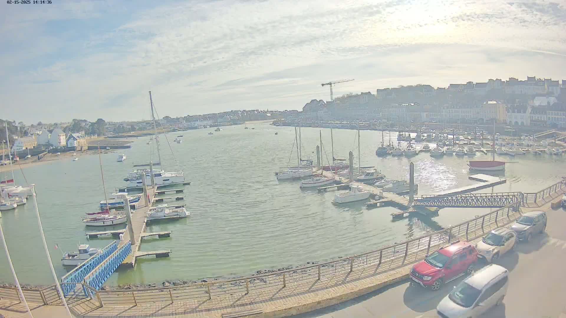 A harbor filled with sailboats and motorboats on a sunny day, with a town visible in the background.