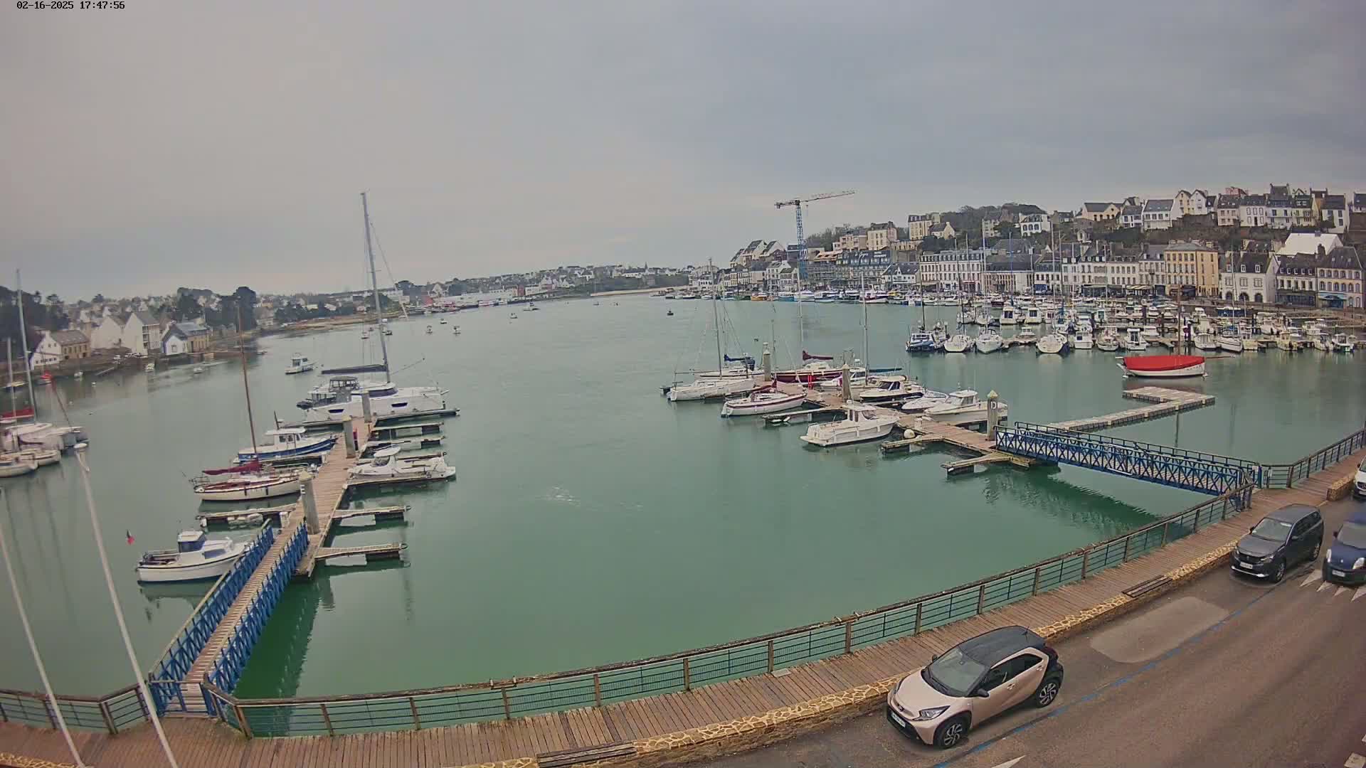 A harbor filled with boats on a cloudy day, with a town in the background.
