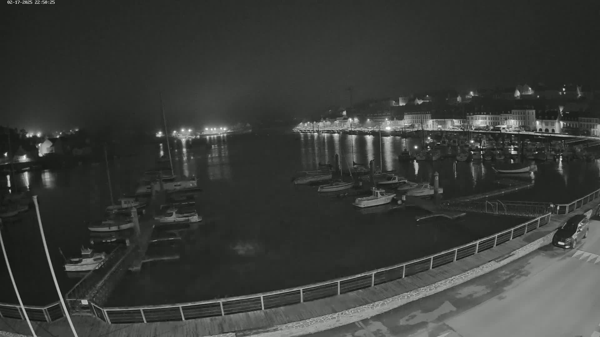 A nighttime harbor scene shows numerous boats docked along a waterfront, with a town's lights reflecting in the calm water.