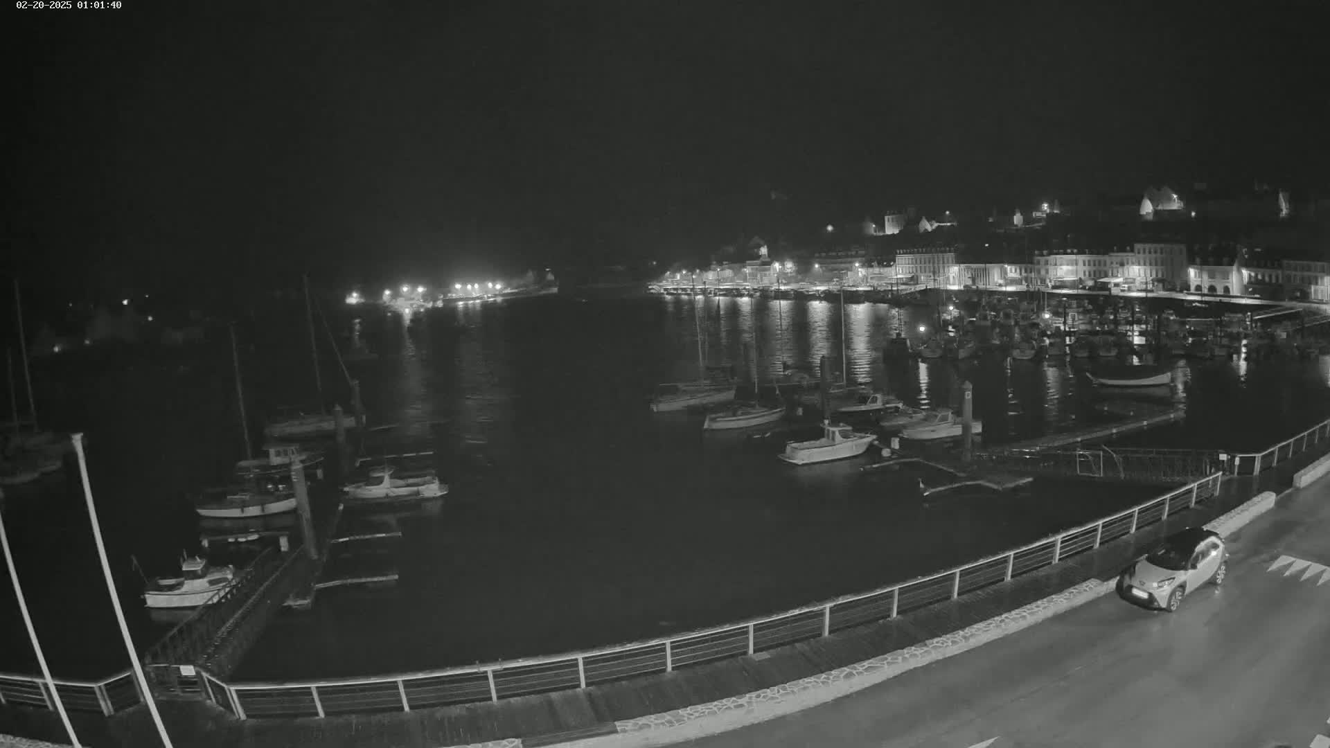 A nighttime view of a harbor filled with boats, next to a town with lights, under a dark sky.