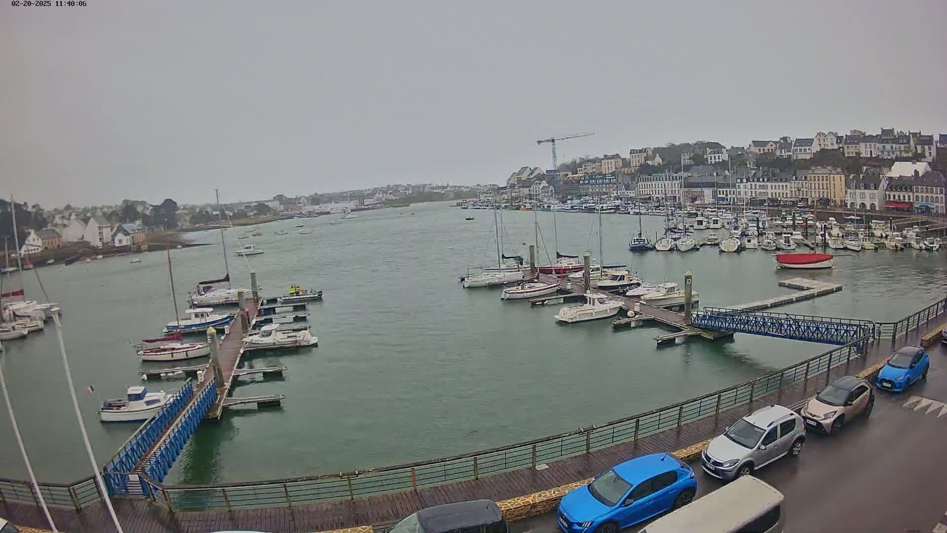 A harbor filled with numerous boats and yachts under an overcast sky, with cars parked along a nearby waterfront.