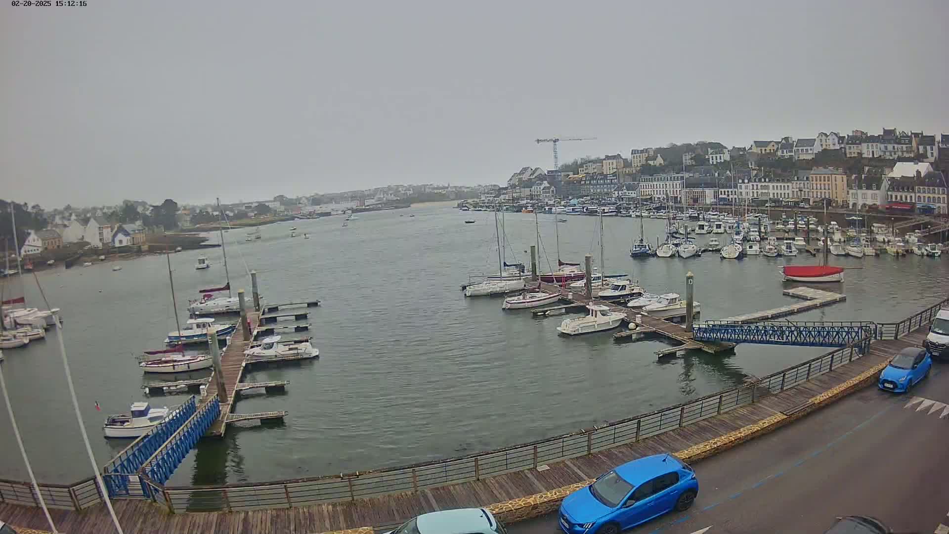 A harbor filled with numerous boats and sailboats on a cloudy day, with a town visible in the background.
