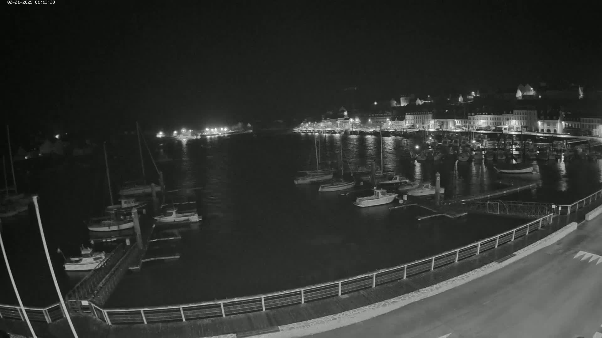 A nighttime view of a harbor filled with boats, alongside a waterfront town with lights illuminating the buildings.