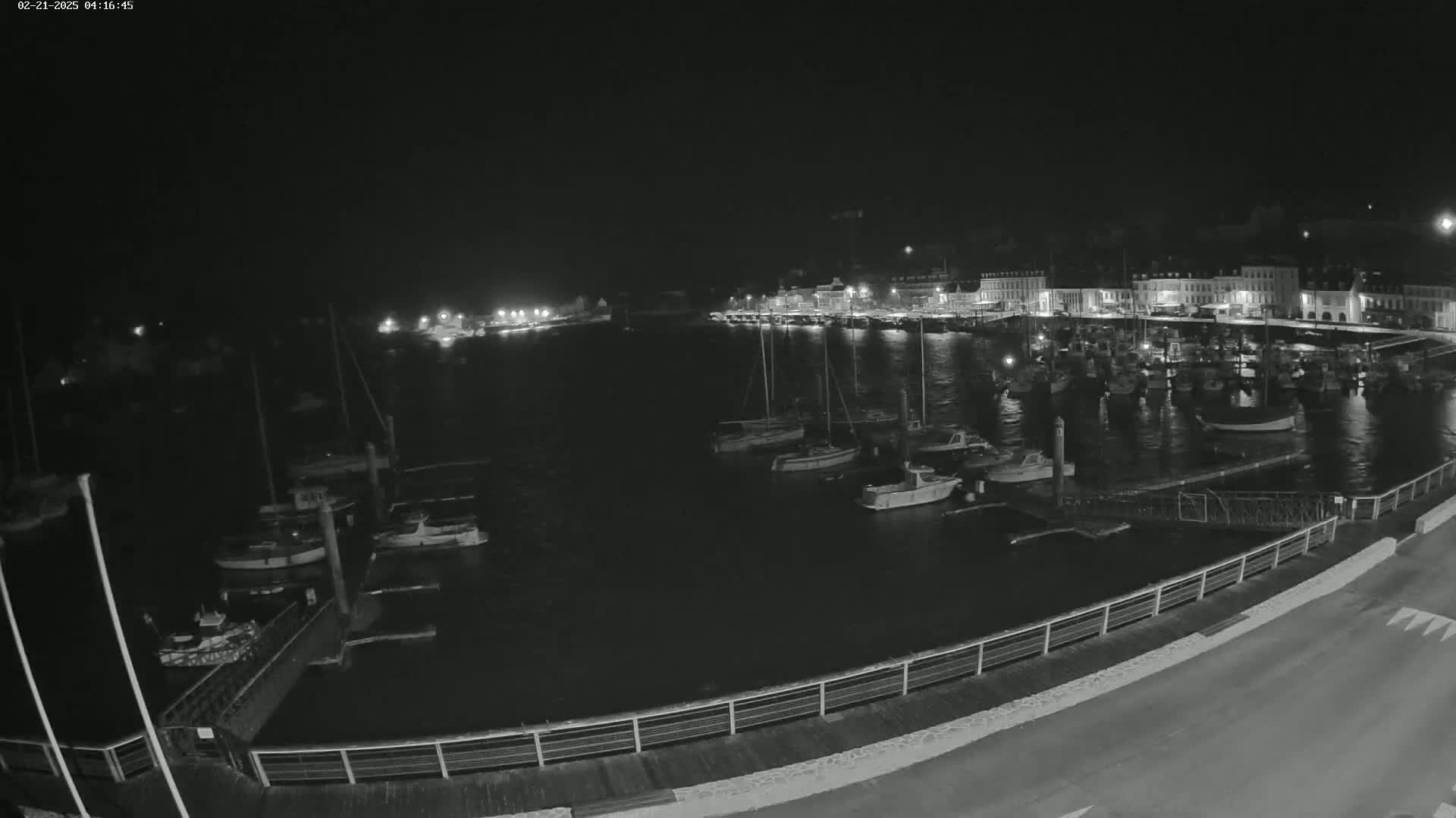 A nighttime view of a harbor filled with boats, docked alongside a waterfront town under a dark sky.