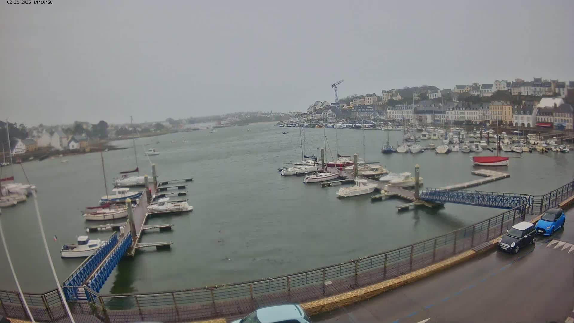 A harbor filled with many boats and a town in the background on an overcast day.