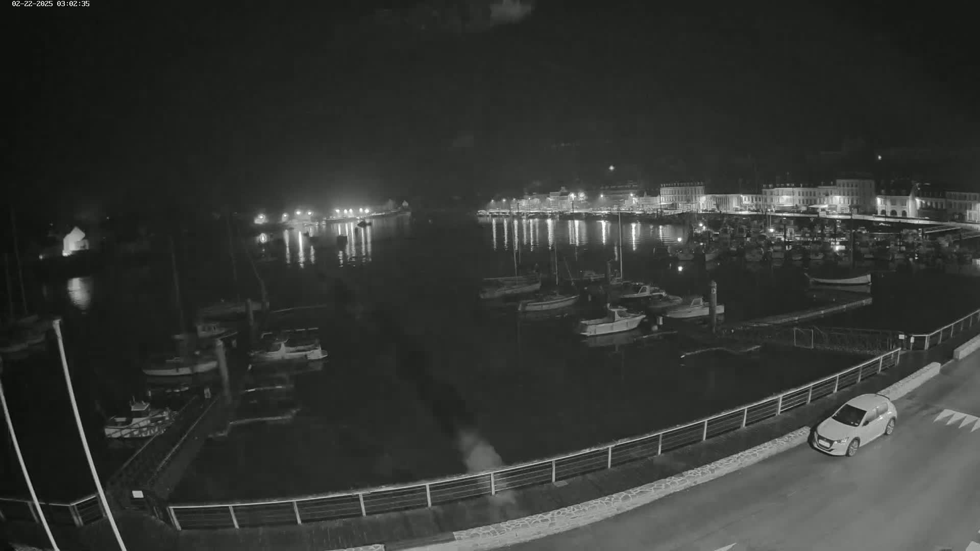 A nighttime, black and white view of a harbor filled with boats, alongside a waterfront town with lights reflecting on the water.