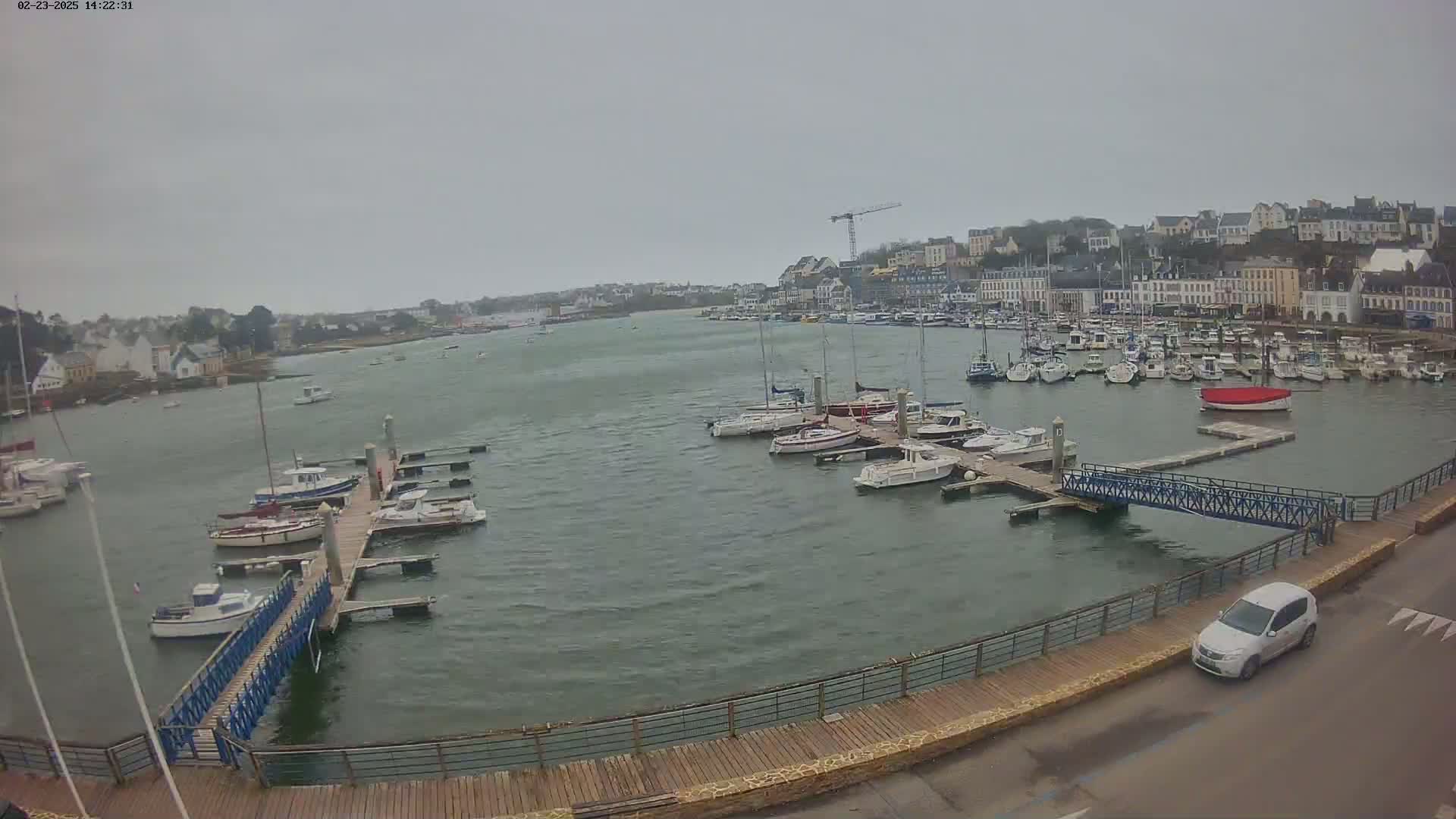 A harbor filled with numerous boats on a cloudy day, with a town visible in the background.