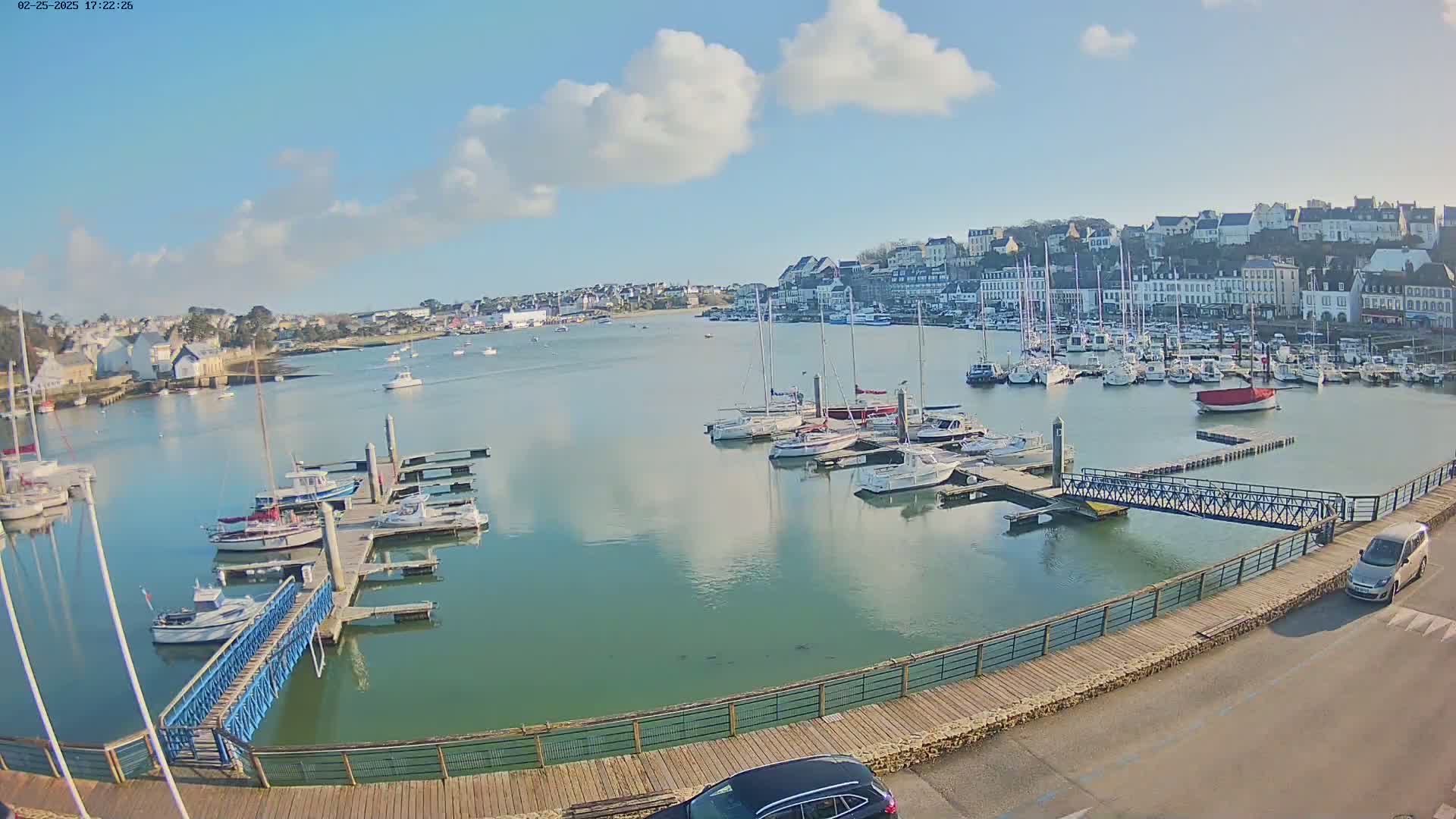 A harbor filled with sailboats and motorboats on a partly cloudy day, with a town in the background.