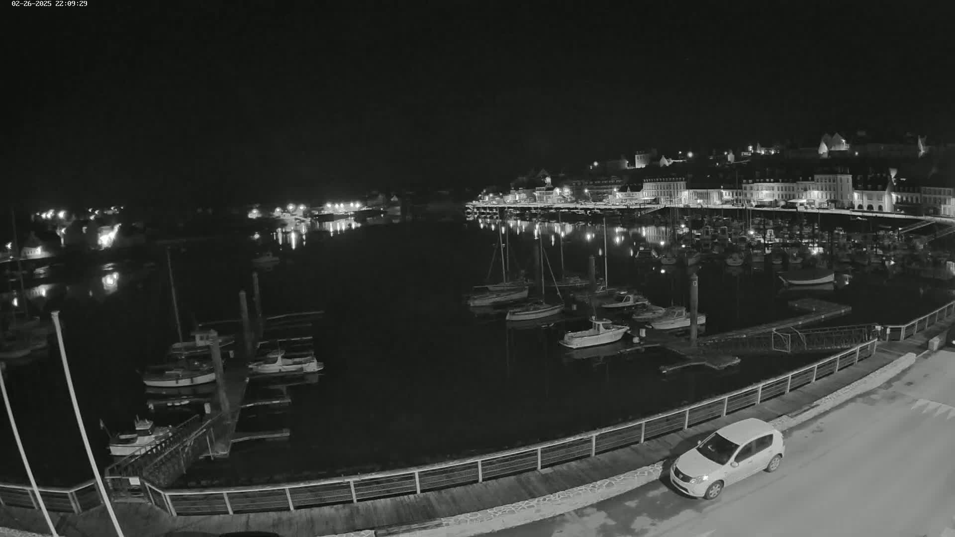 A nighttime view of a harbor filled with boats, a town in the background, and a car parked on a nearby road.
