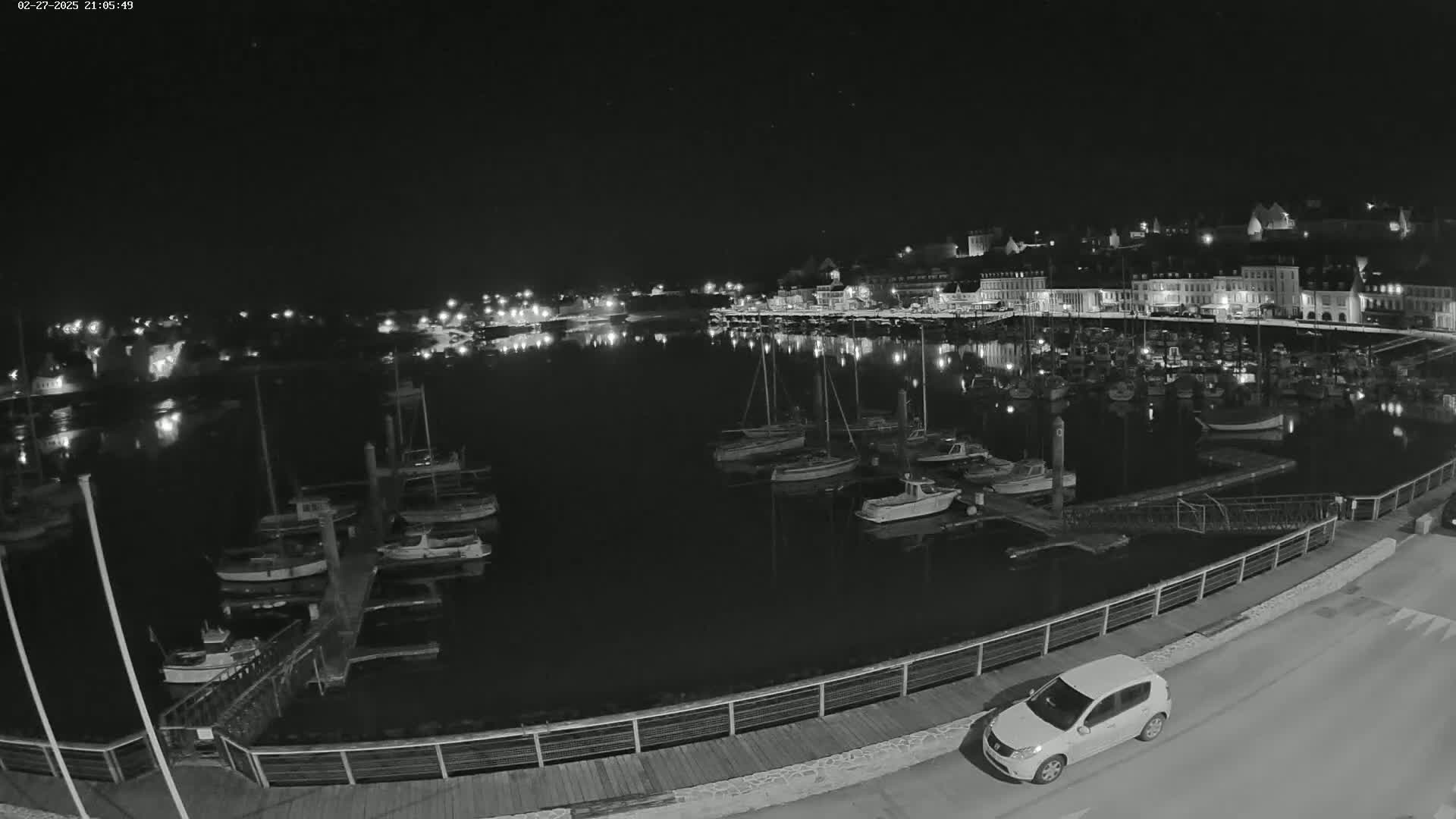 A nighttime, black and white view of a harbor filled with boats, next to a town with buildings lit up along the waterfront.