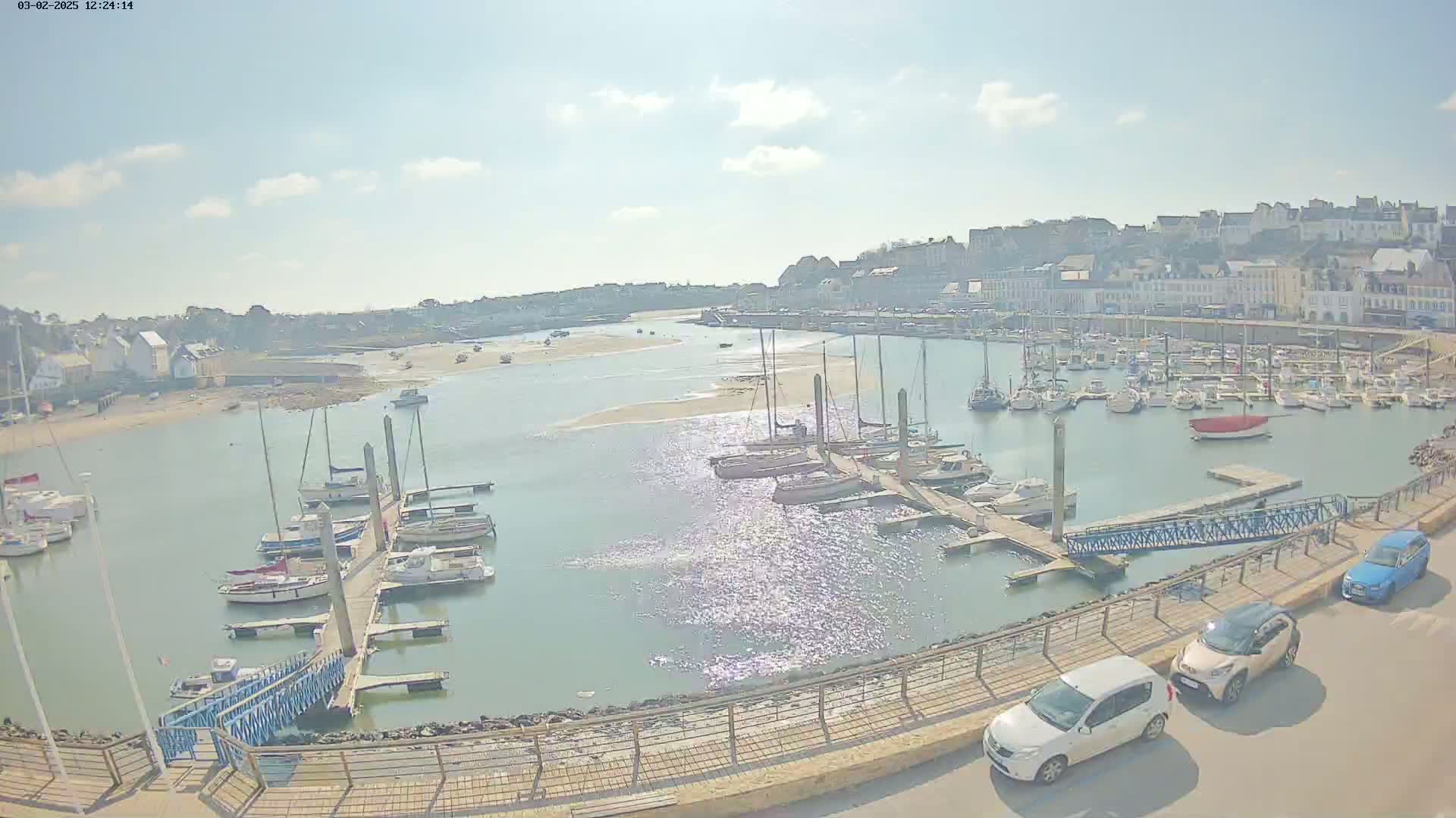 A harbor filled with sailboats and yachts on a sunny day, with a town visible in the background.