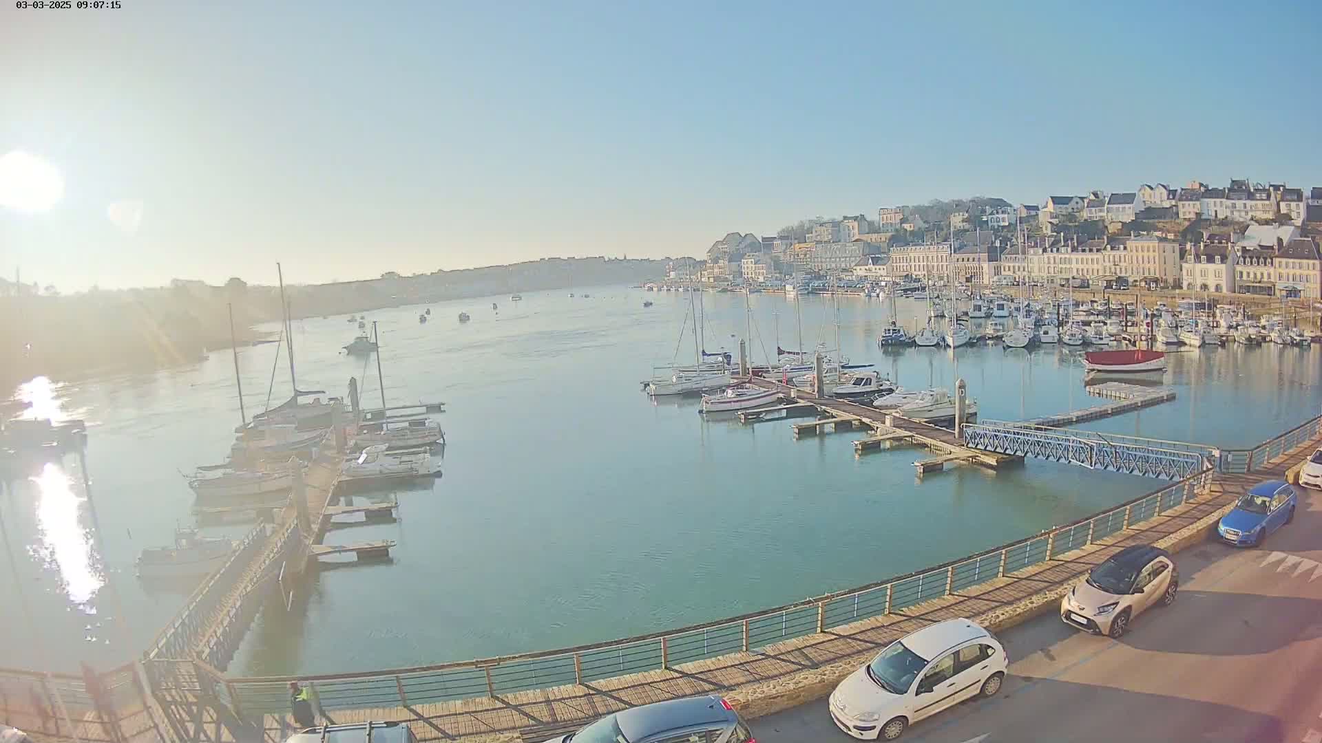 A sunny day reveals a harbor filled with sailboats and motorboats docked at piers, with a town situated on a hillside in the background.