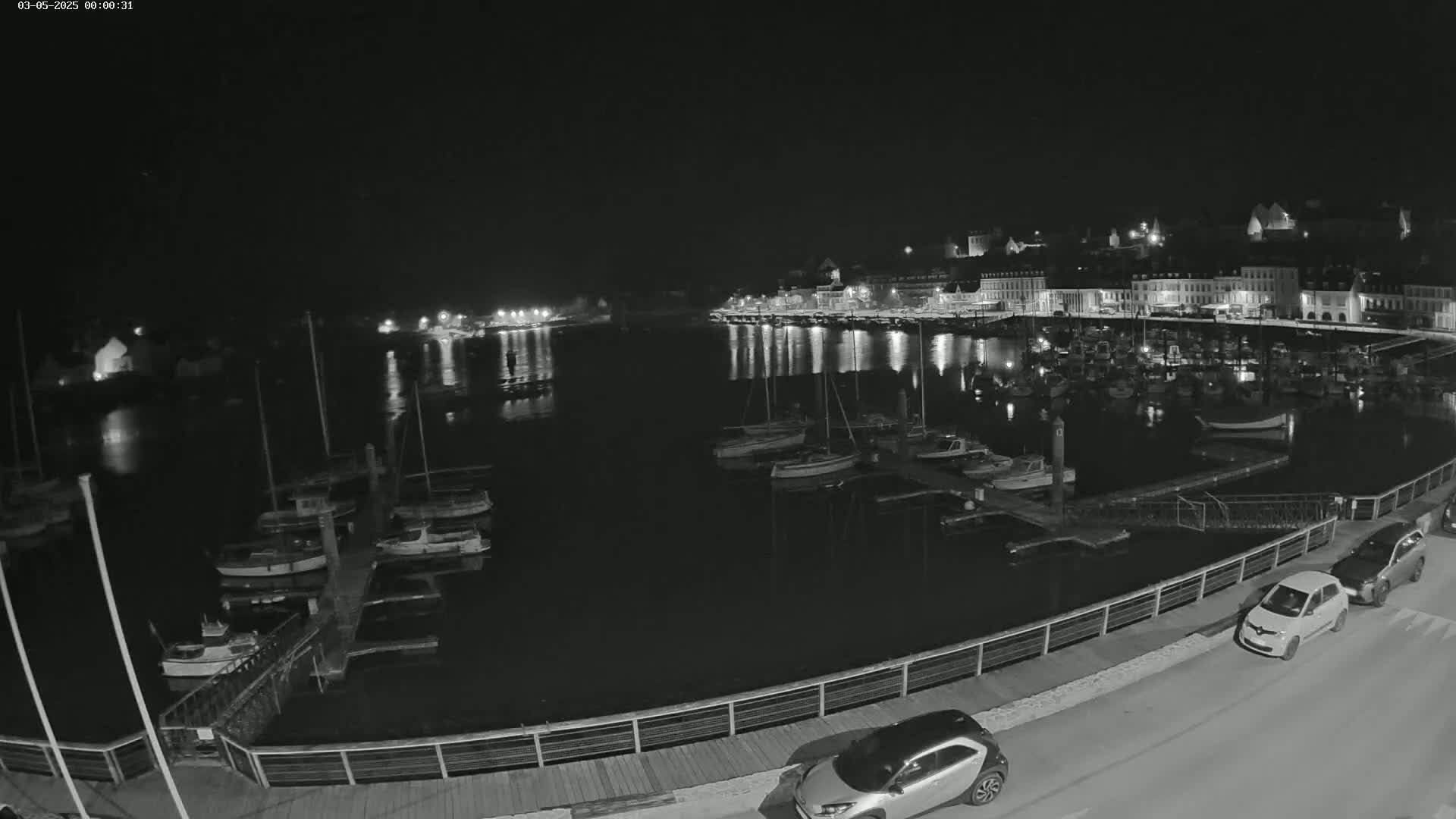 A nighttime view of a harbor filled with docked boats, with a town's lights reflecting on the calm water, and a few cars parked along a nearby roadway.