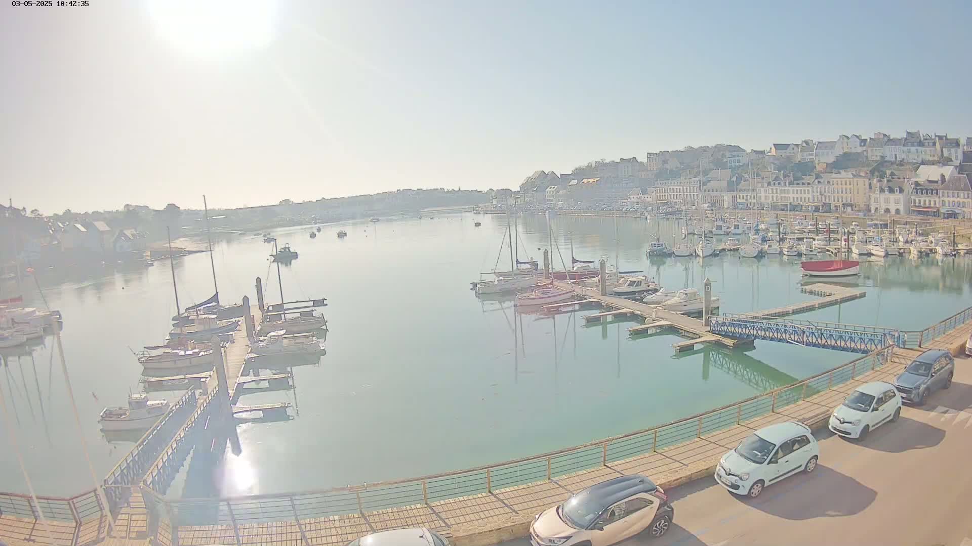 A harbor filled with sailboats and motorboats on a sunny day, with a town visible in the background.