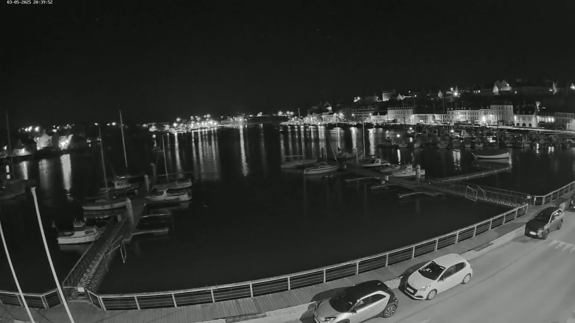 A nighttime, black-and-white view of a harbor filled with boats, a town's lights reflecting on the water, and two cars parked along a waterfront walkway.