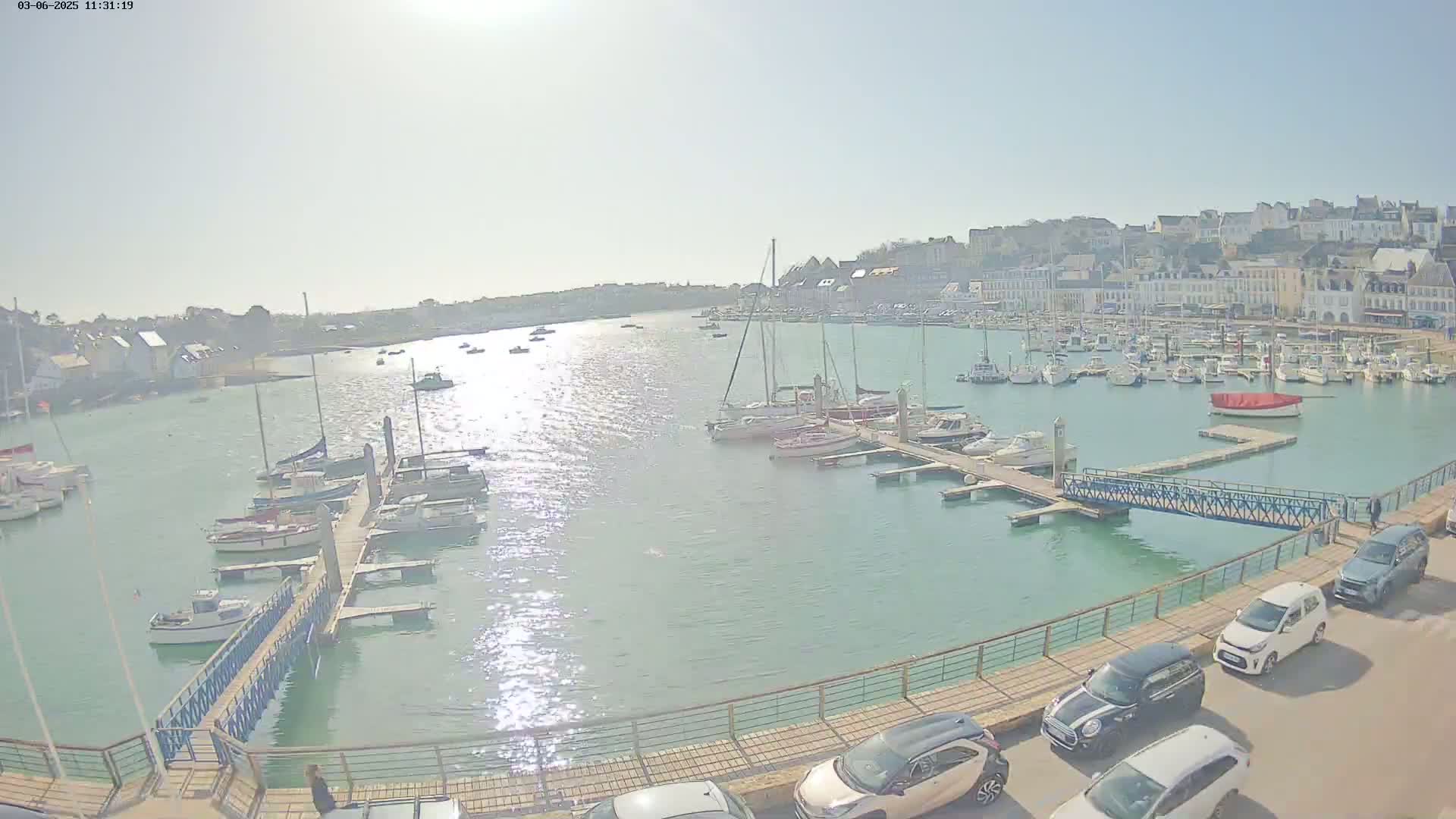 A marina filled with boats on a sunny day, with a town visible in the background.