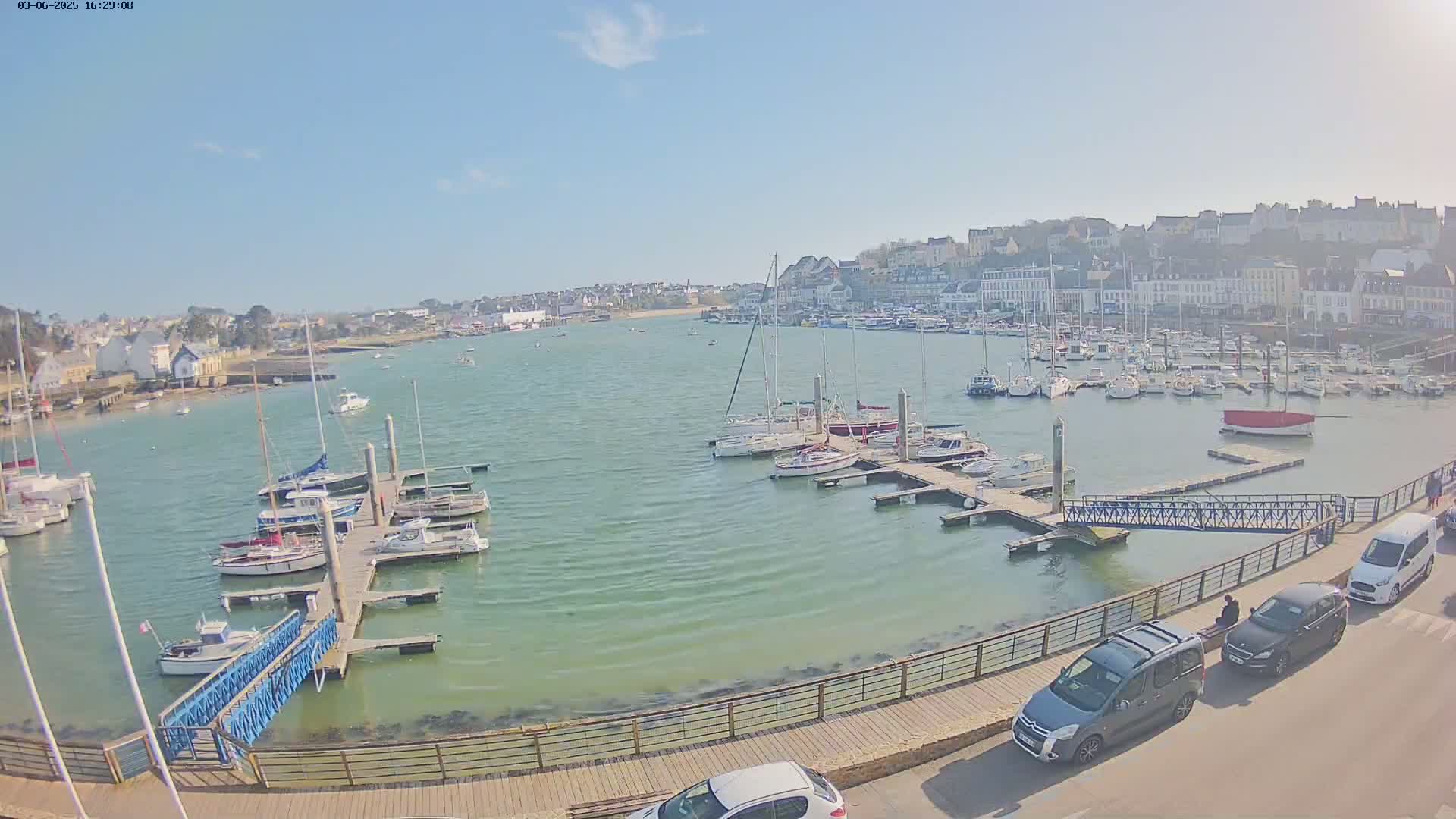 A harbor filled with sailboats and motorboats on a sunny day, with a town visible in the background.