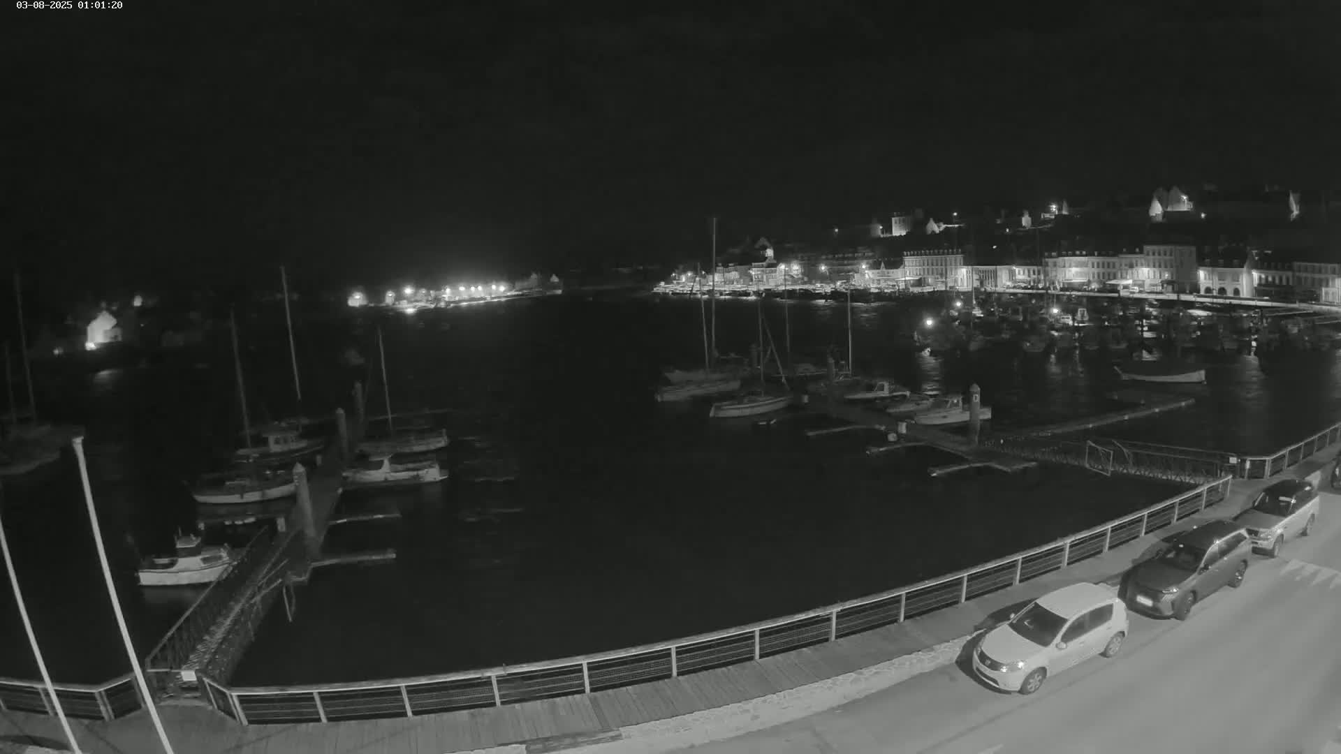 A nighttime view of a harbor filled with boats, next to a town with lights, under a dark sky.