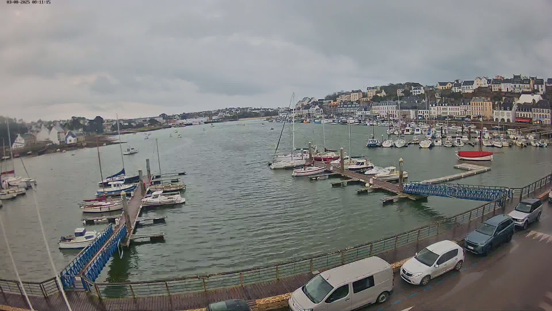 A harbor filled with numerous boats and sailboats under an overcast sky, with cars parked along a waterfront walkway.
