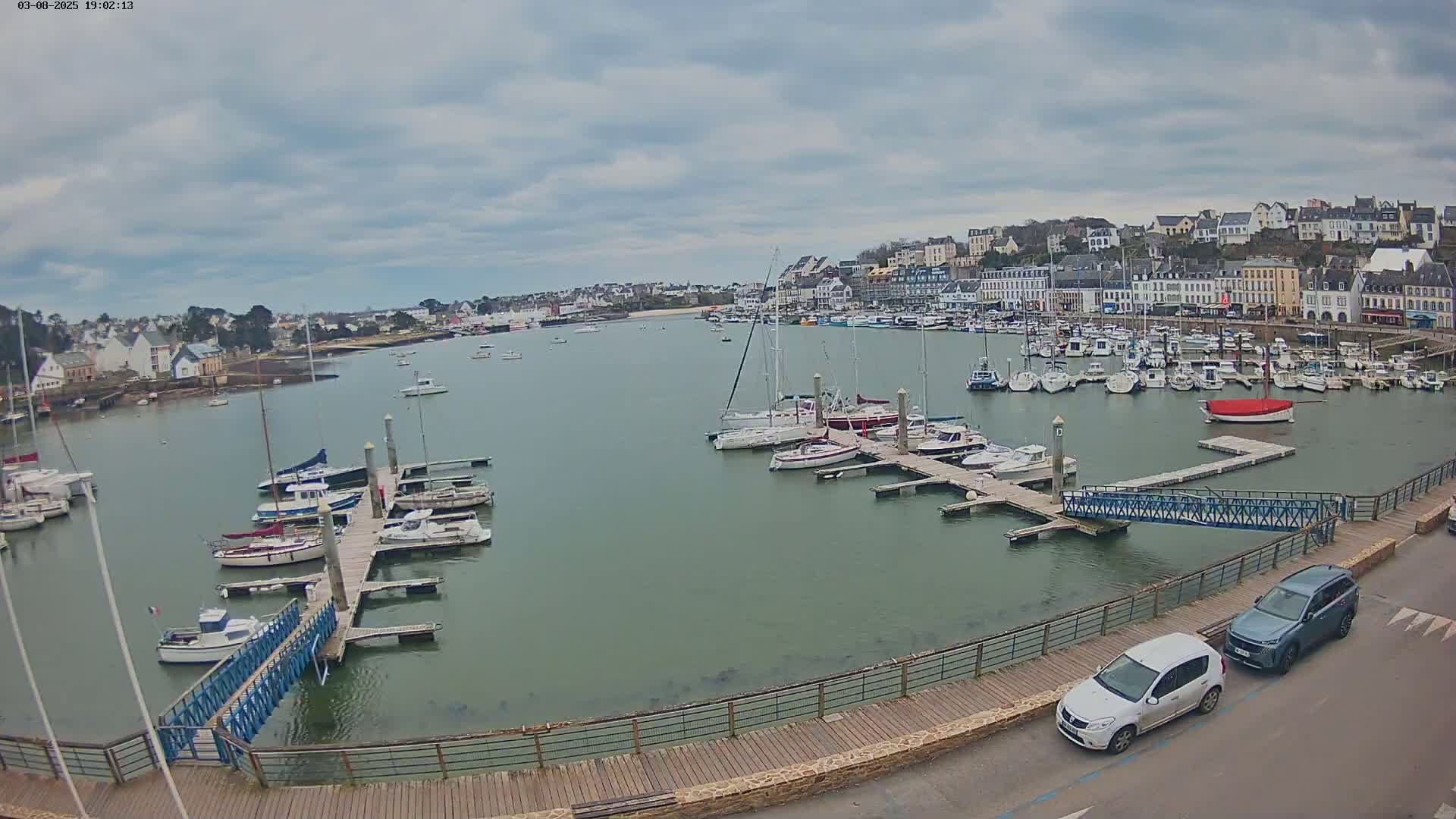 A harbor filled with numerous boats and yachts is nestled beside a town under a cloudy sky.