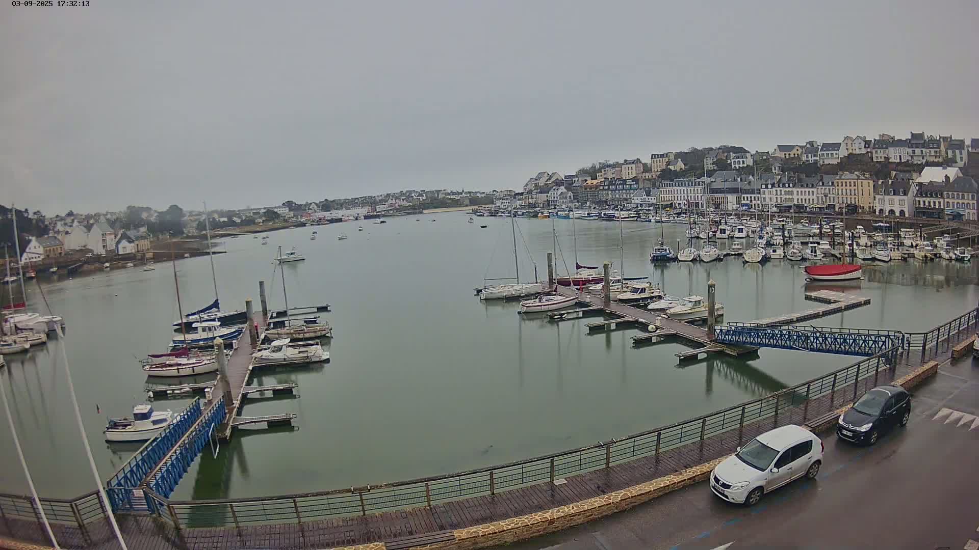 A harbor filled with numerous boats on a cloudy day, with a town visible in the background.