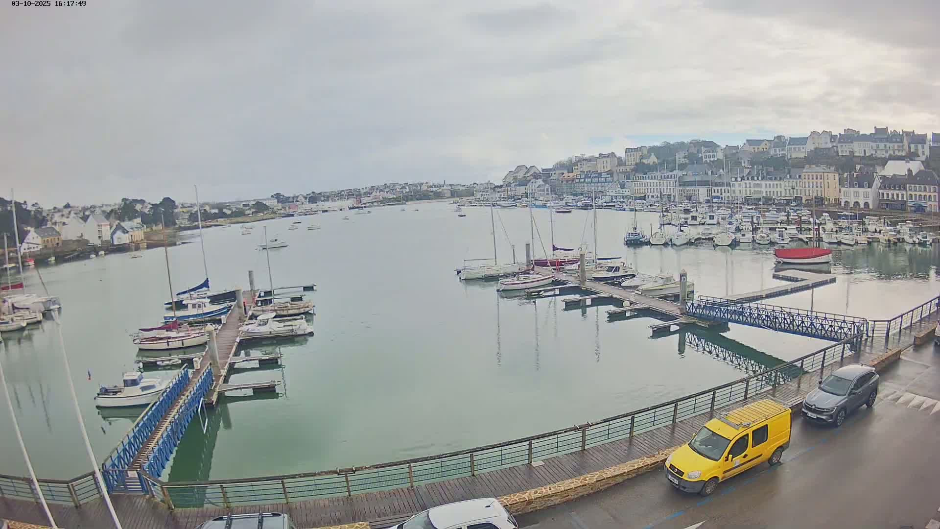 A harbor filled with boats under an overcast sky, with a town visible in the background.