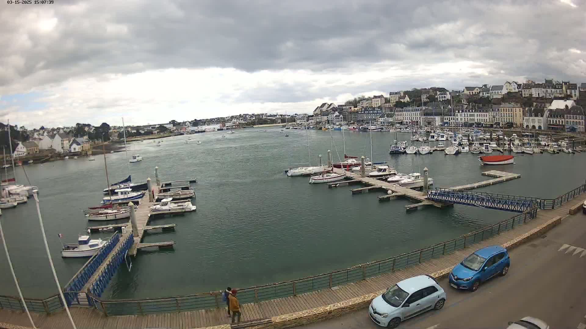 A harbor filled with numerous boats is seen under a cloudy sky, with a town in the background and two cars parked along a nearby walkway.
