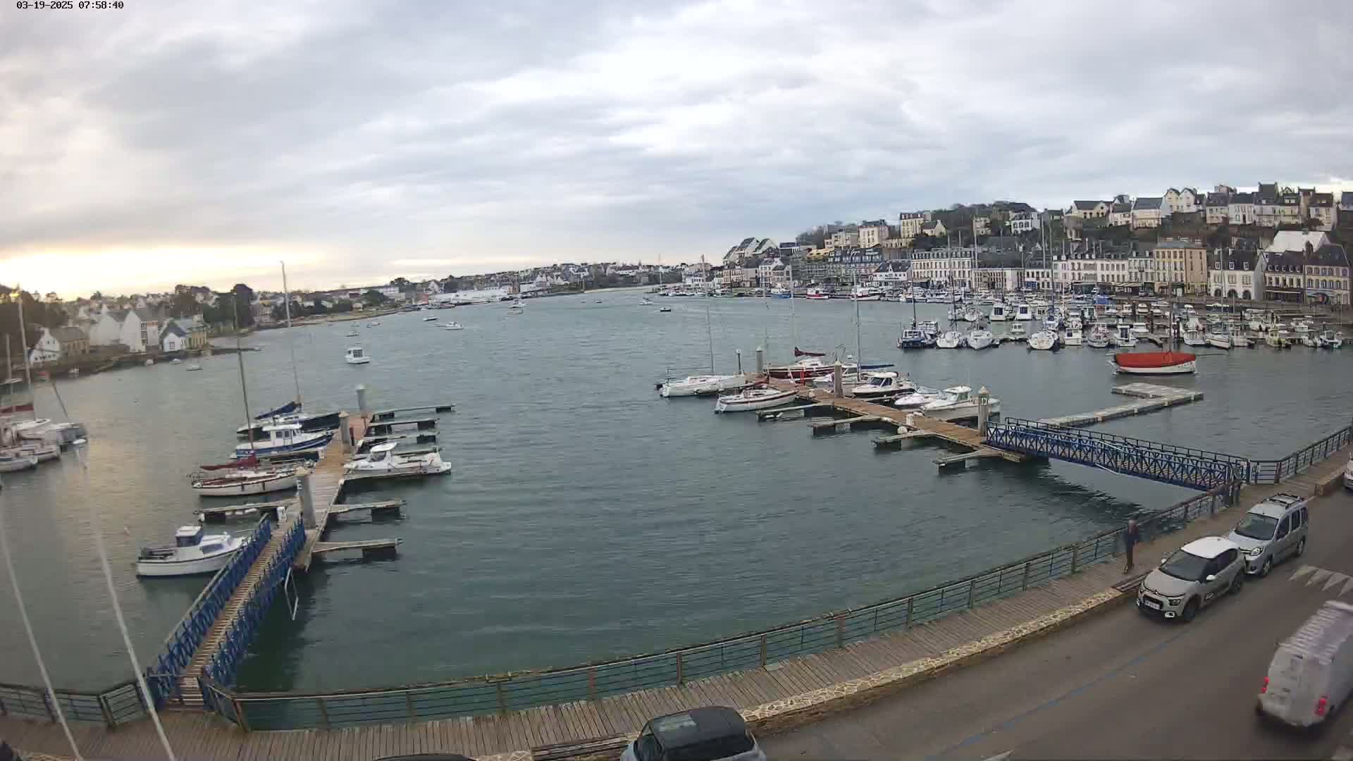 A harbor filled with numerous boats and yachts is seen on a cloudy day, with a town's buildings visible in the background.