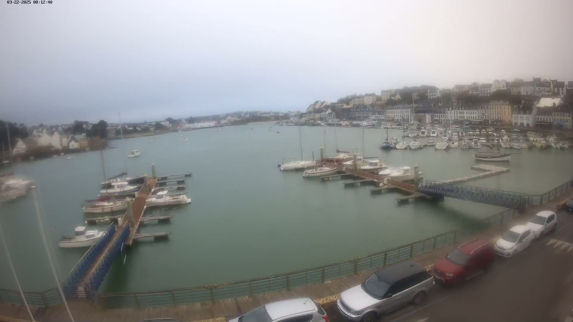 A harbor filled with numerous boats on a foggy day, overlooked by a town and several parked cars.