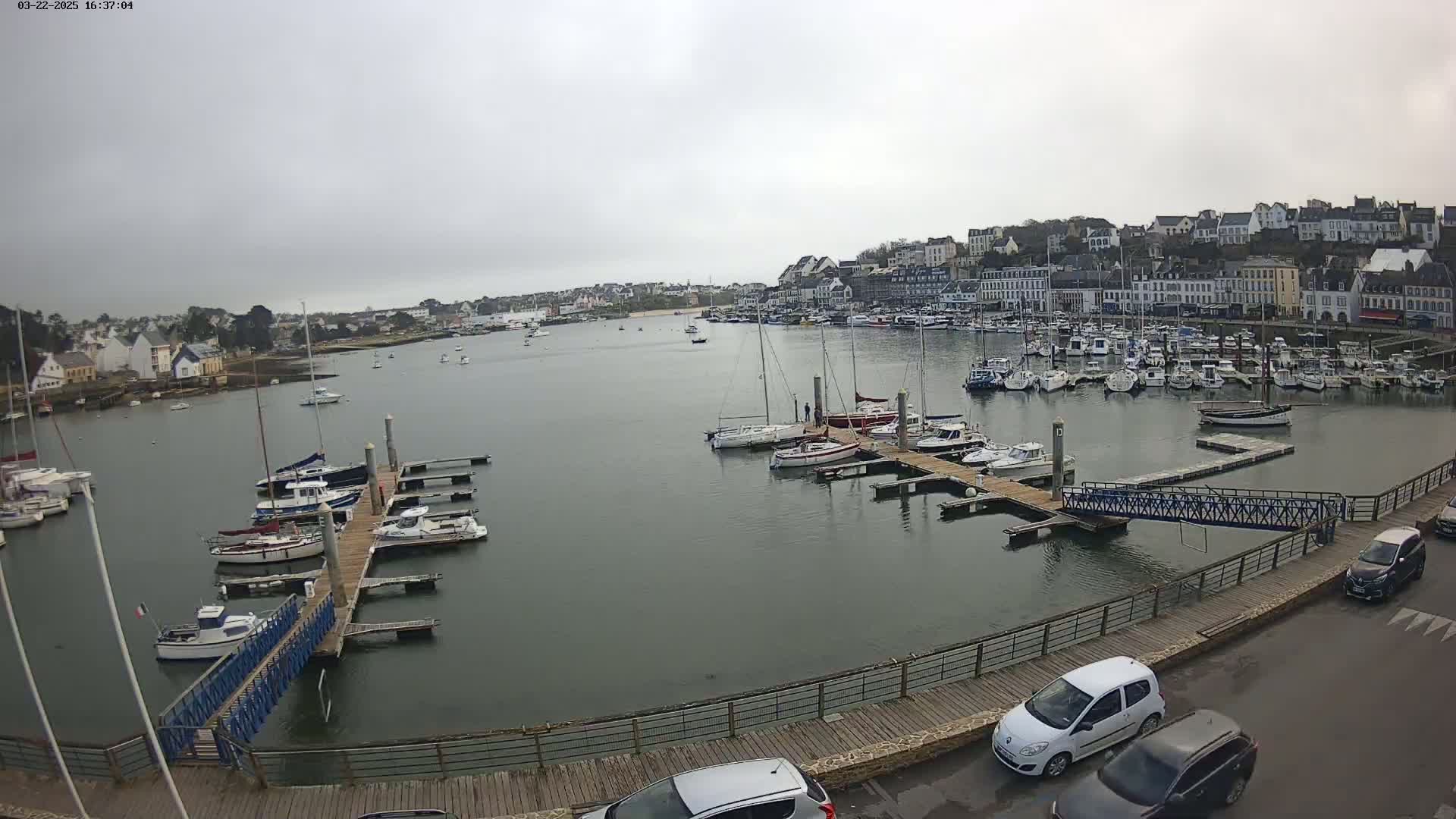 A harbor filled with numerous boats on a cloudy day, with a town visible in the background.