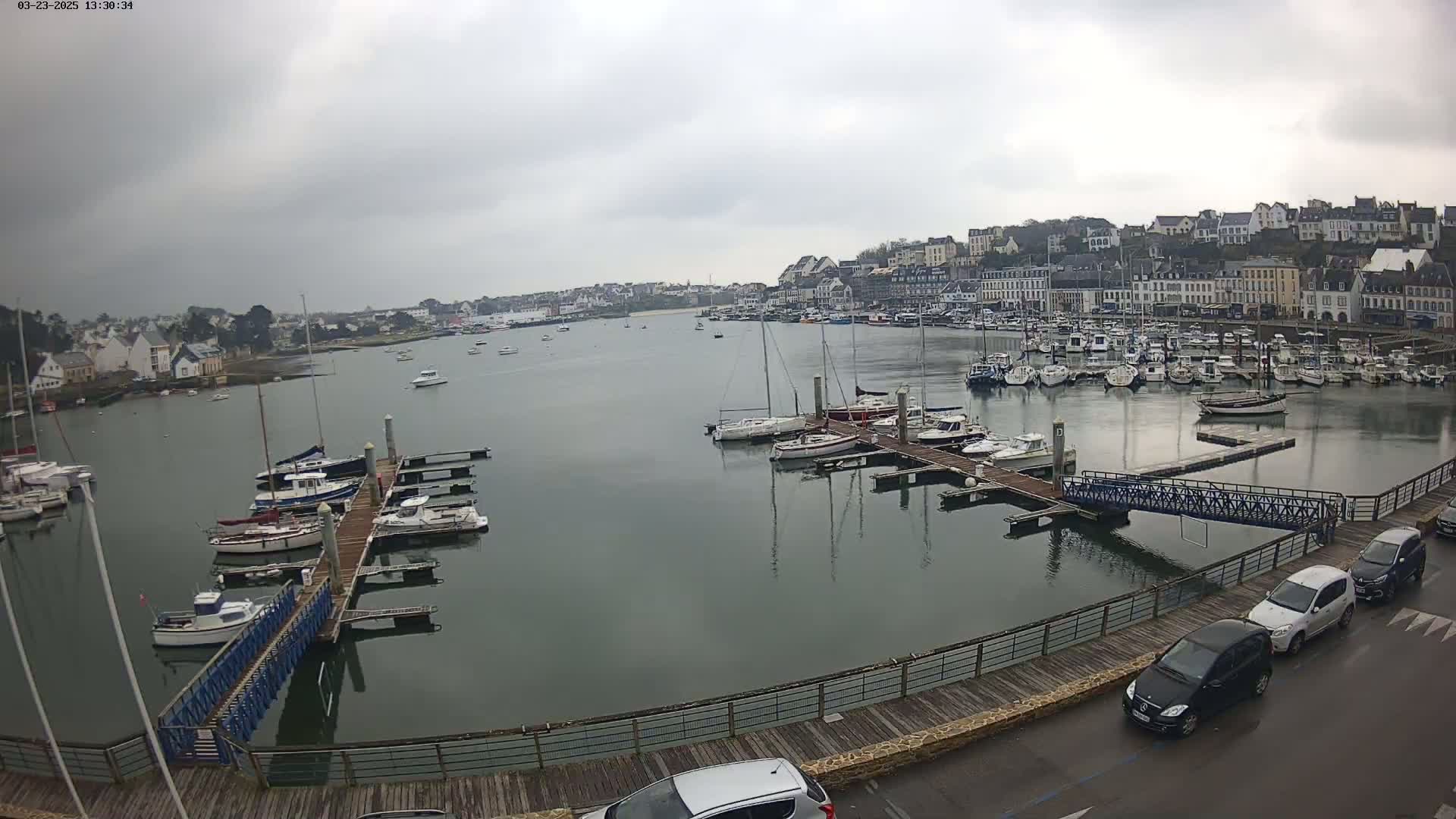 A harbor filled with numerous boats and yachts is situated in front of a town under an overcast sky.